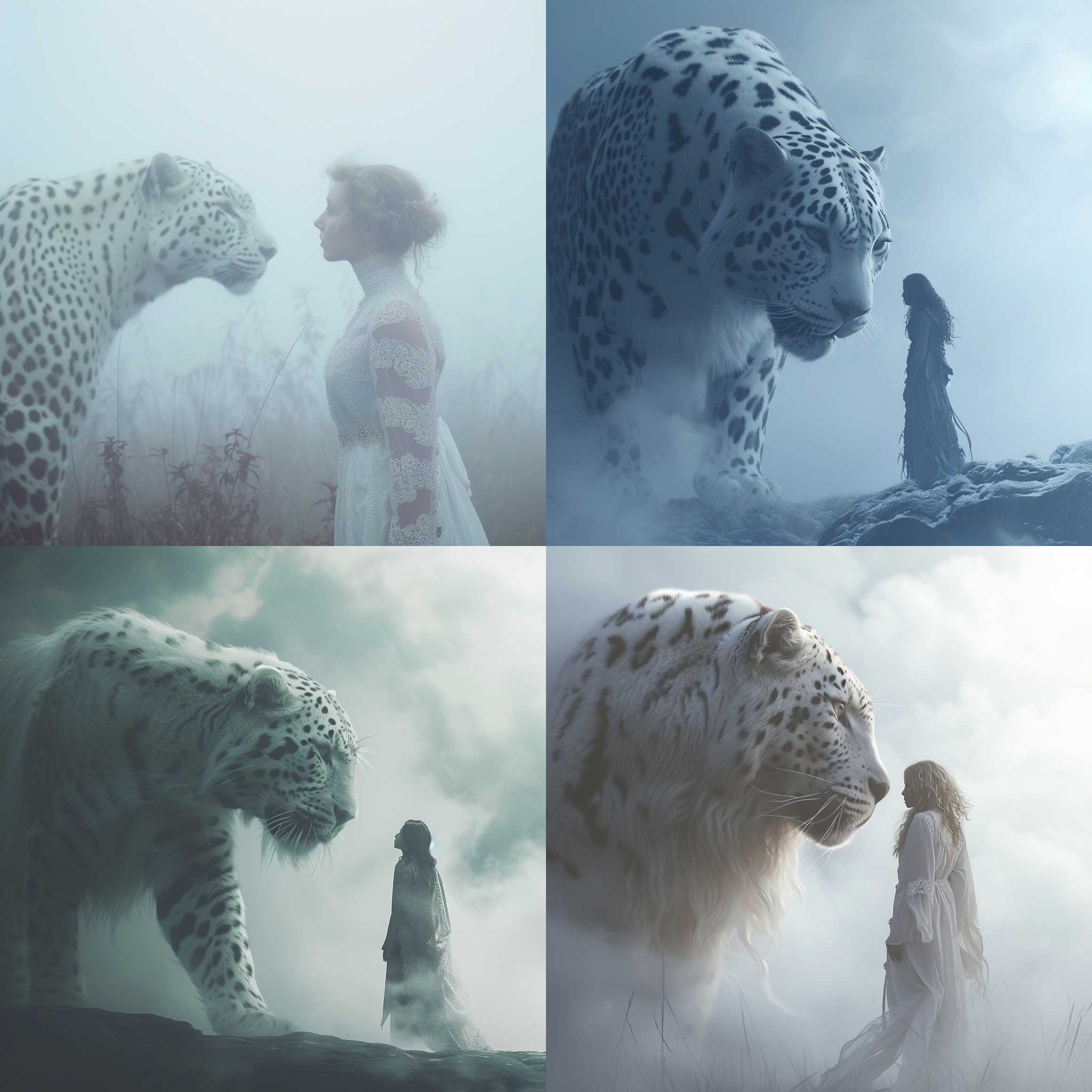 prompt. 白豹在雾中，一位女子站在其前。构图规整，女子身穿英雄装束。使用manticore和hero-core风格，reylia slab字体。环境神秘，透露出浓厚的幻想氛围。镜头使用广角镜头，以突出豹和女子的对比。光线柔和，从侧面照射，营造出梦幻般的效果。色调偏冷，增强了神秘感。情感充满敬畏和吸引力。