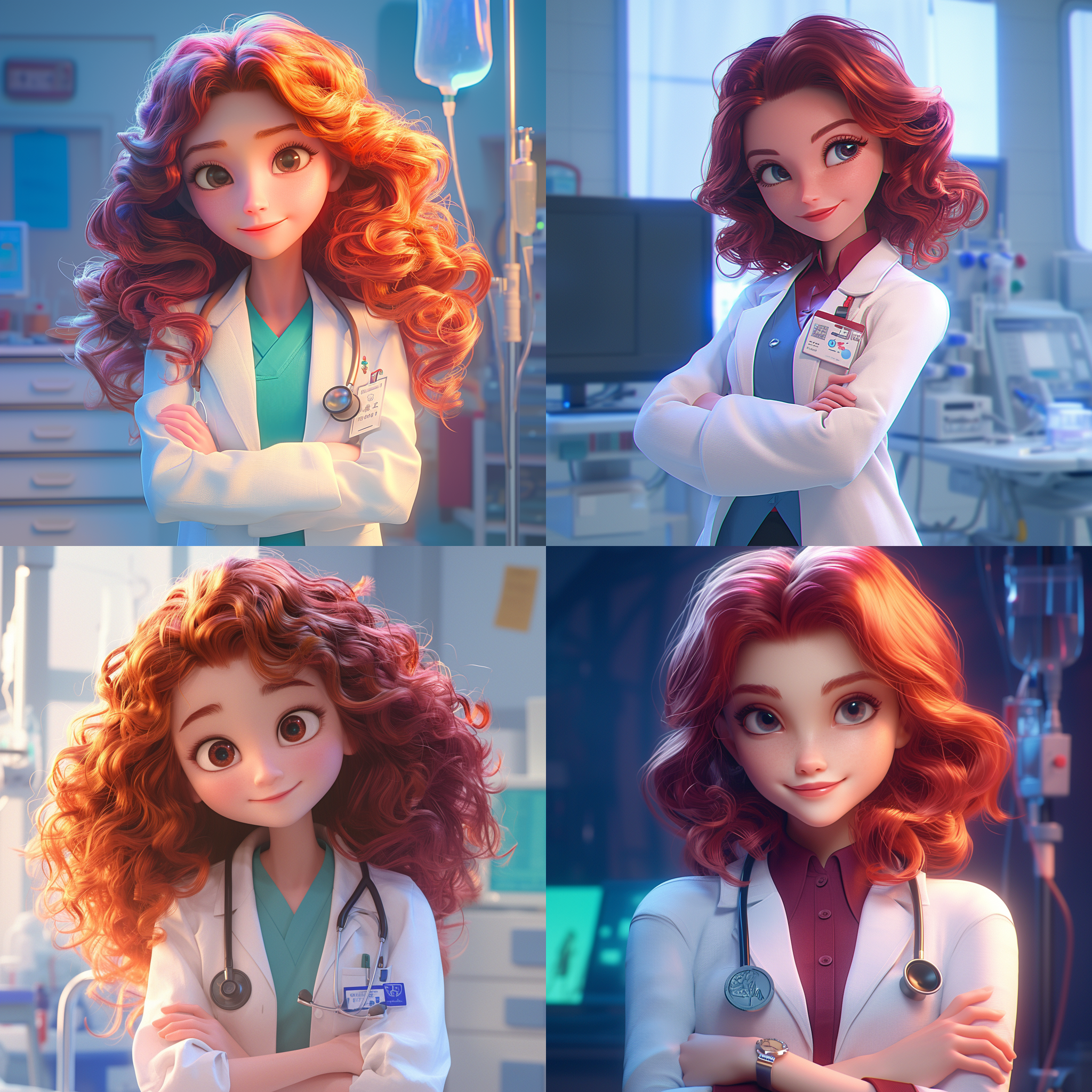 prompt. 中国女医生，q版人物，双手抱膀，白大褂，工牌，红卷发，中长发，扎起头发，大眼睛，小鼻子，白皙皮肤，微笑的表情，医院背景，电影照明，明暗对比，3d，c4d，oc渲染，8k.