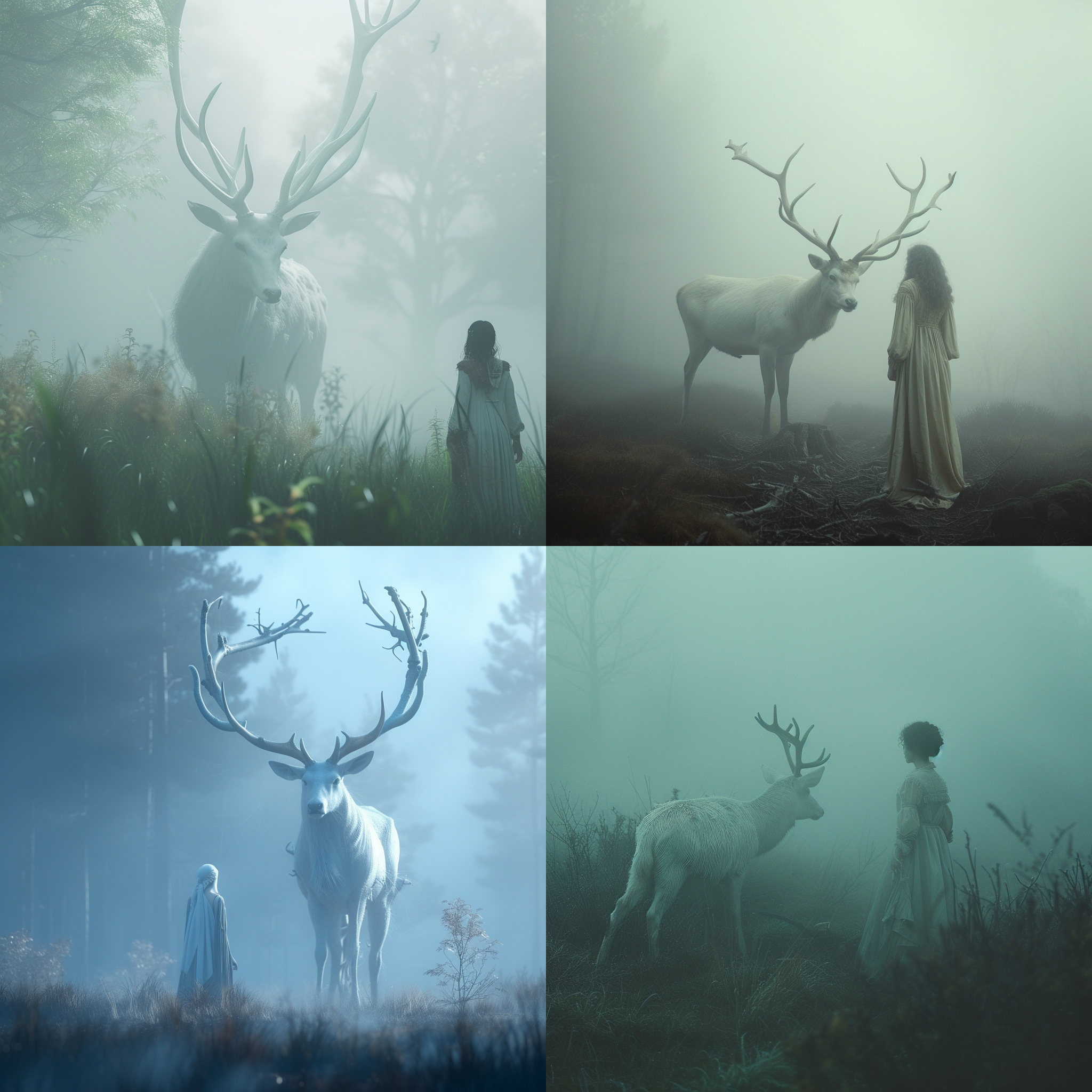 白鹿在雾中，一位女子站在其前。构图规整，女子身穿英雄装束。使用manticore和hero-core风格，reylia slab字体。环境神秘，透露出浓厚的幻想氛围。镜头使用广角镜头，以突出鹿和女子的对比。光线柔和，从侧面照射，营造出梦幻般的效果。色调偏冷，增强了神秘感。情感充满敬畏和吸引力。