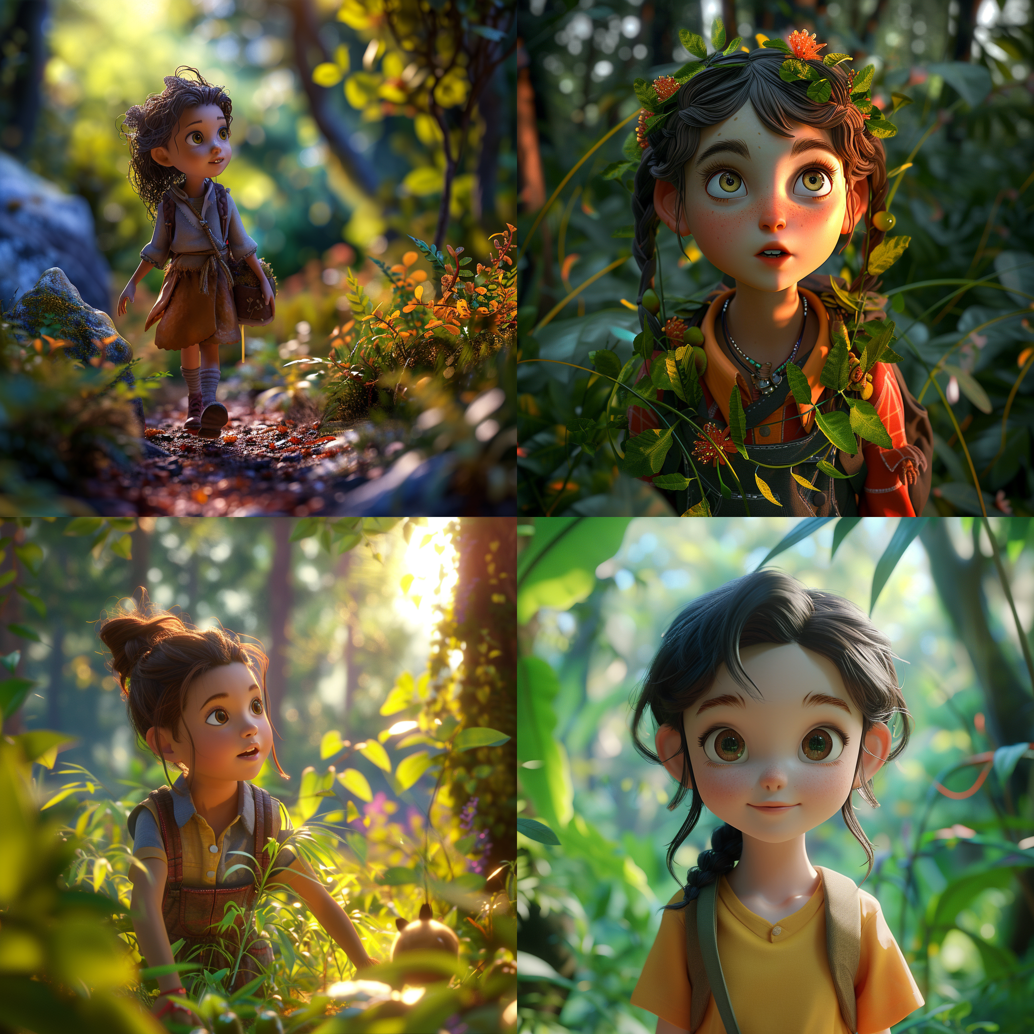 9岁小女孩在森林中探索，迪士尼动画风格，c4d渲染器，半身像镜头，黏土雕塑材质，电影照明，4k高质量，多细节，高清，好奇表情，彩色环境，梦幻般的色彩，快乐。