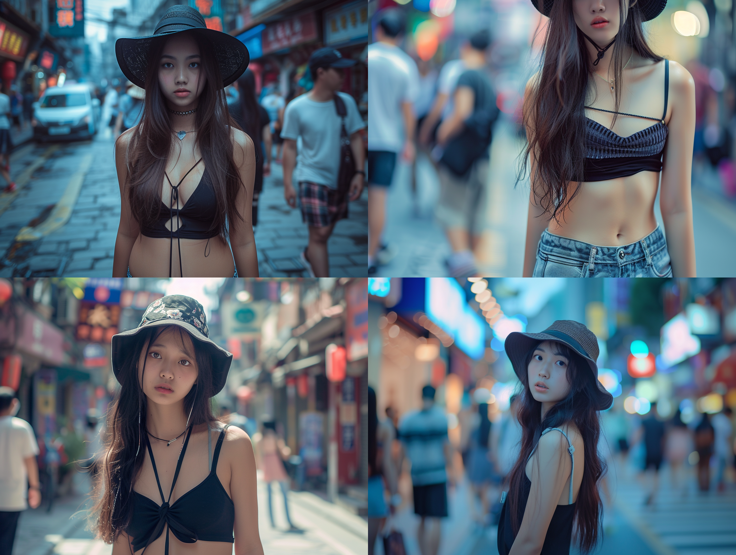 prompt. 亚洲女孩穿着深v短裙，站在上海街头，长发披肩，时尚帽子，近景，城市背景，柔和光线，蓝调色调，标准镜头，微笑，自信。