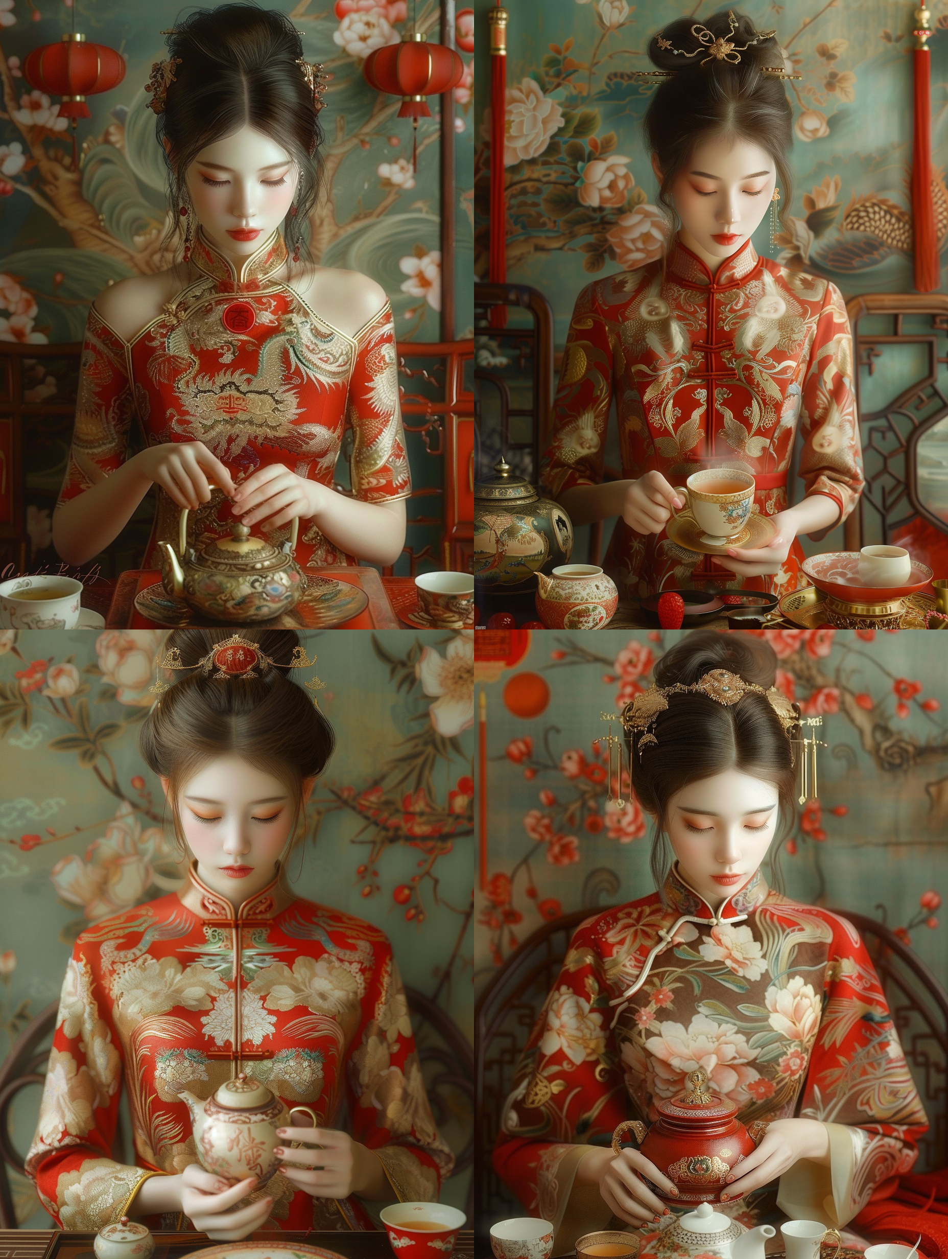 少女穿着旗袍，全身可见，古风中式，暗金和红色风格，奇幻角色，超写实肖像，魔法波浪，眨眼错过的细节，顶级品质，杰作级别，制茶，震撼。