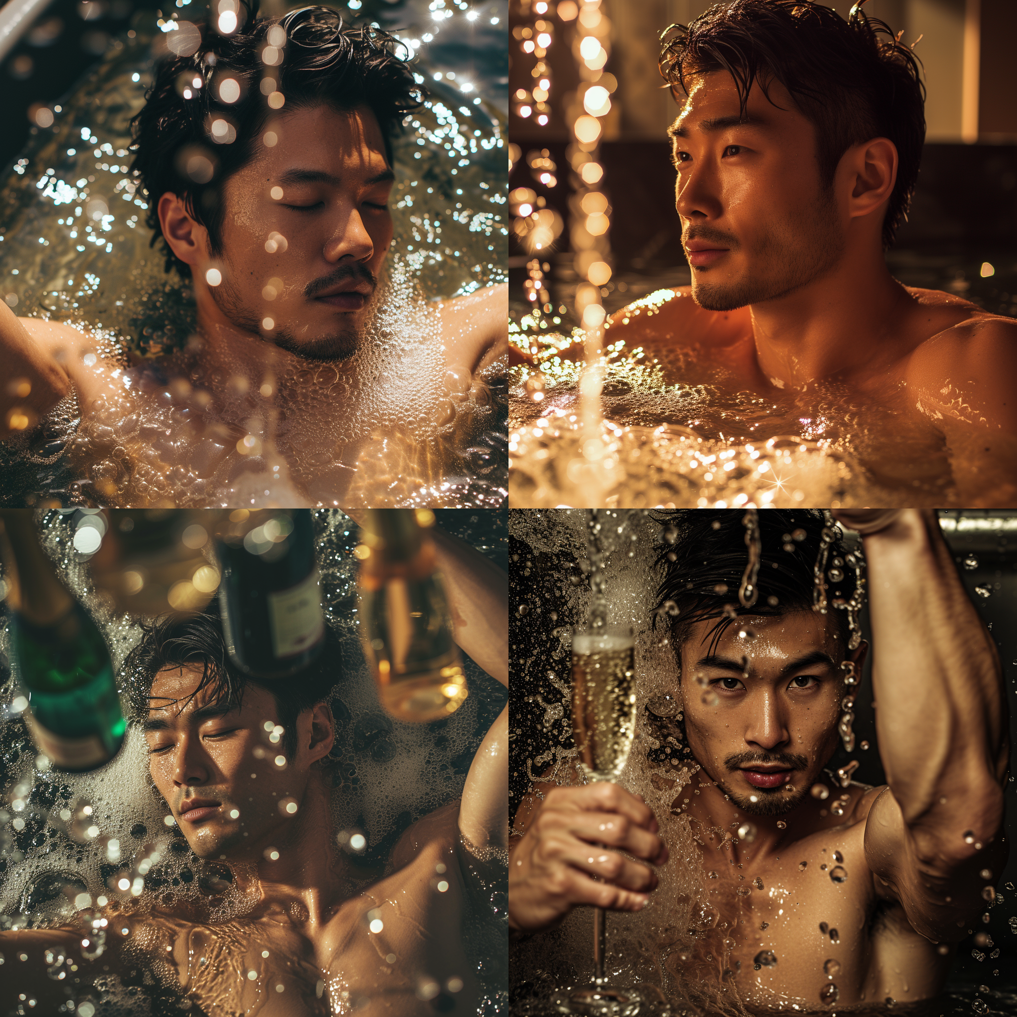 英俊的亚洲男人，在香槟里泡澡，敞开的上衣,胡渣,肌肉，上半身，超现实主义，极致细节,真实摄影风格,鲜艳色调,节日氛围。