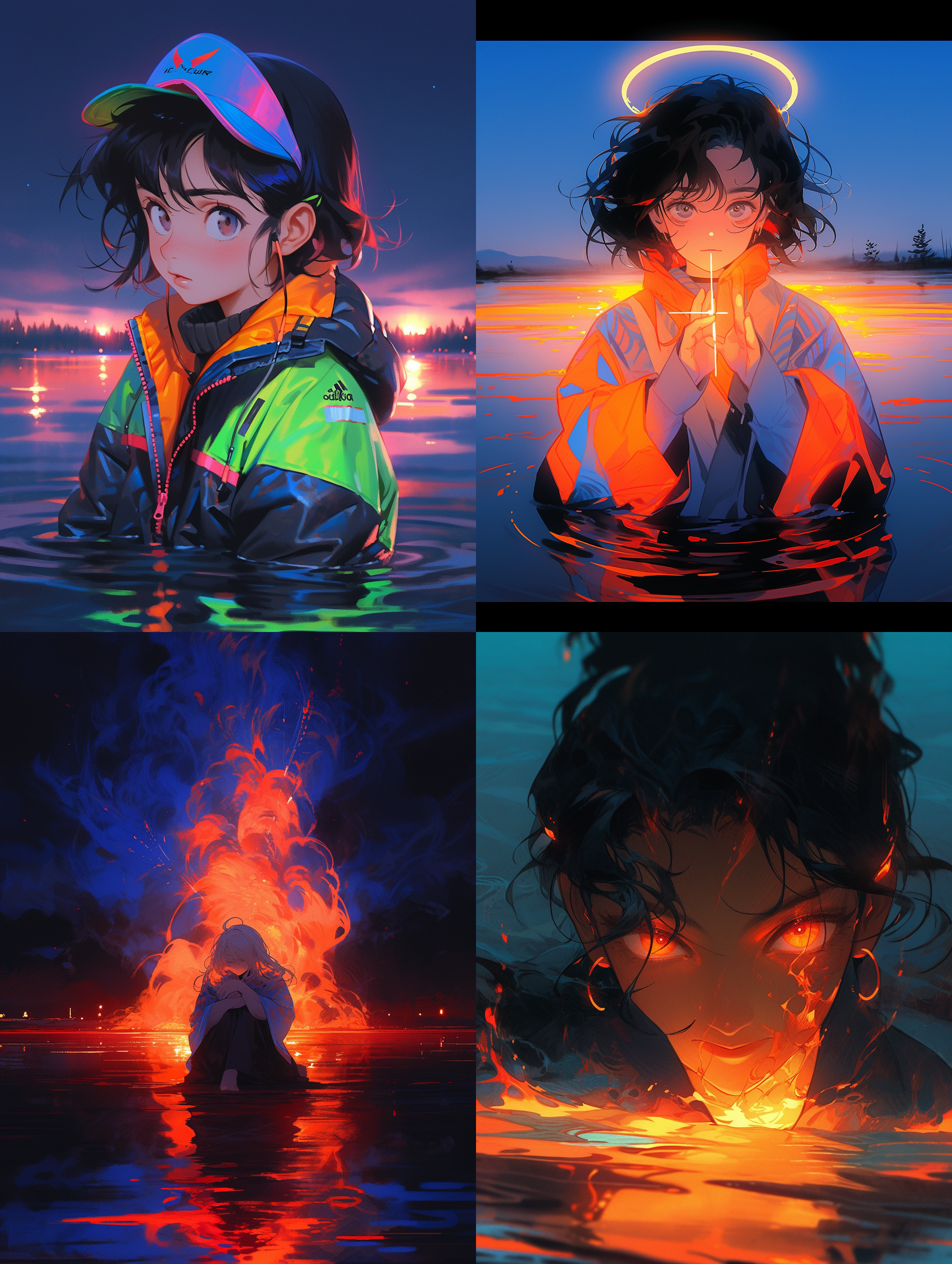 女孩在水中，在湖面中露出脸，人物摄影，极简主义，荒木信吉风格，插画，荧光橙，荧光蓝，可见度高，明亮的，电影照明