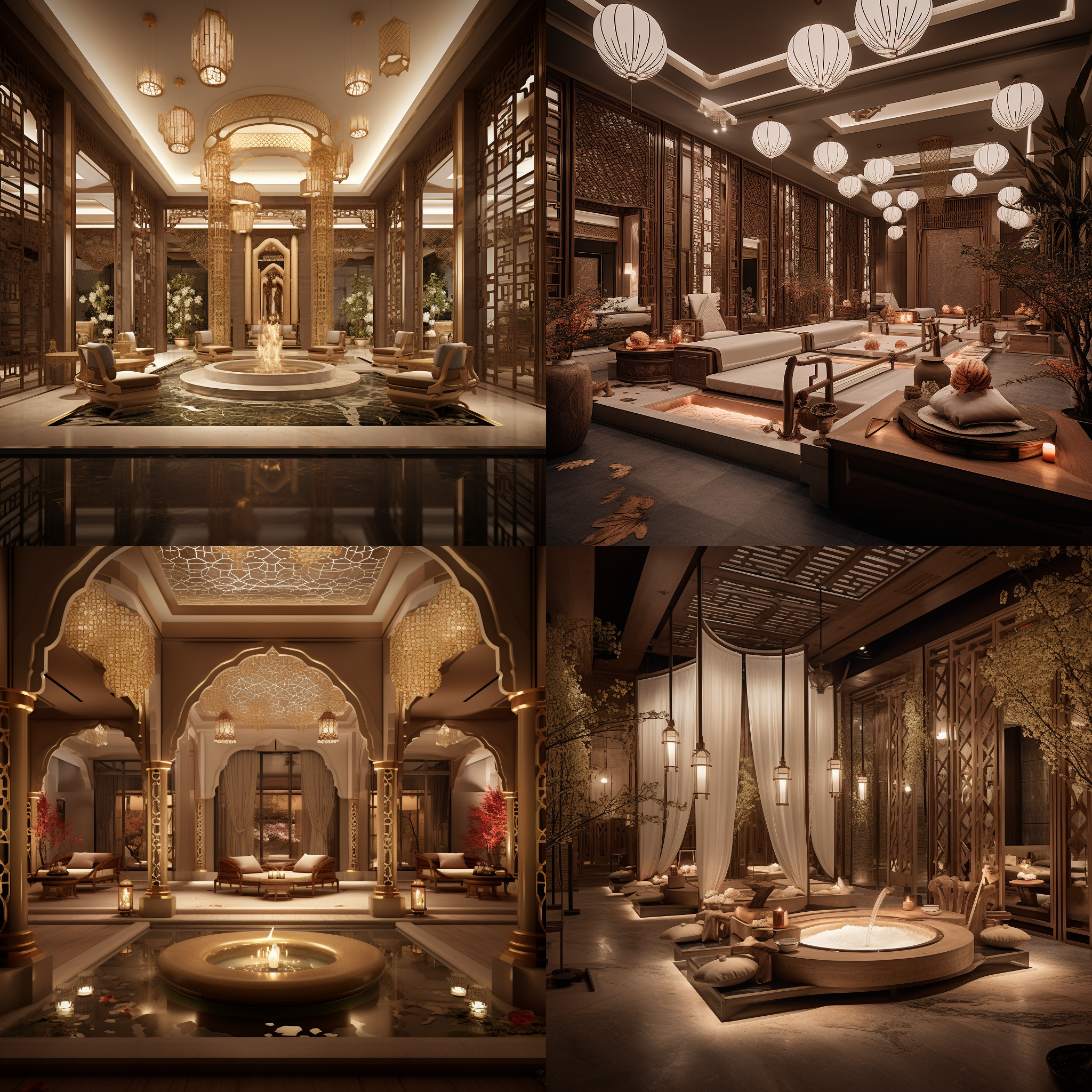 prompt. 唐朝风格的spa会所装修，奢华低调，纱幔轻飘，皇家风范，古典建筑，柔和光线，暖色调，静谧氛围，优雅动作，金色装饰，典雅服饰，放松愉悦。