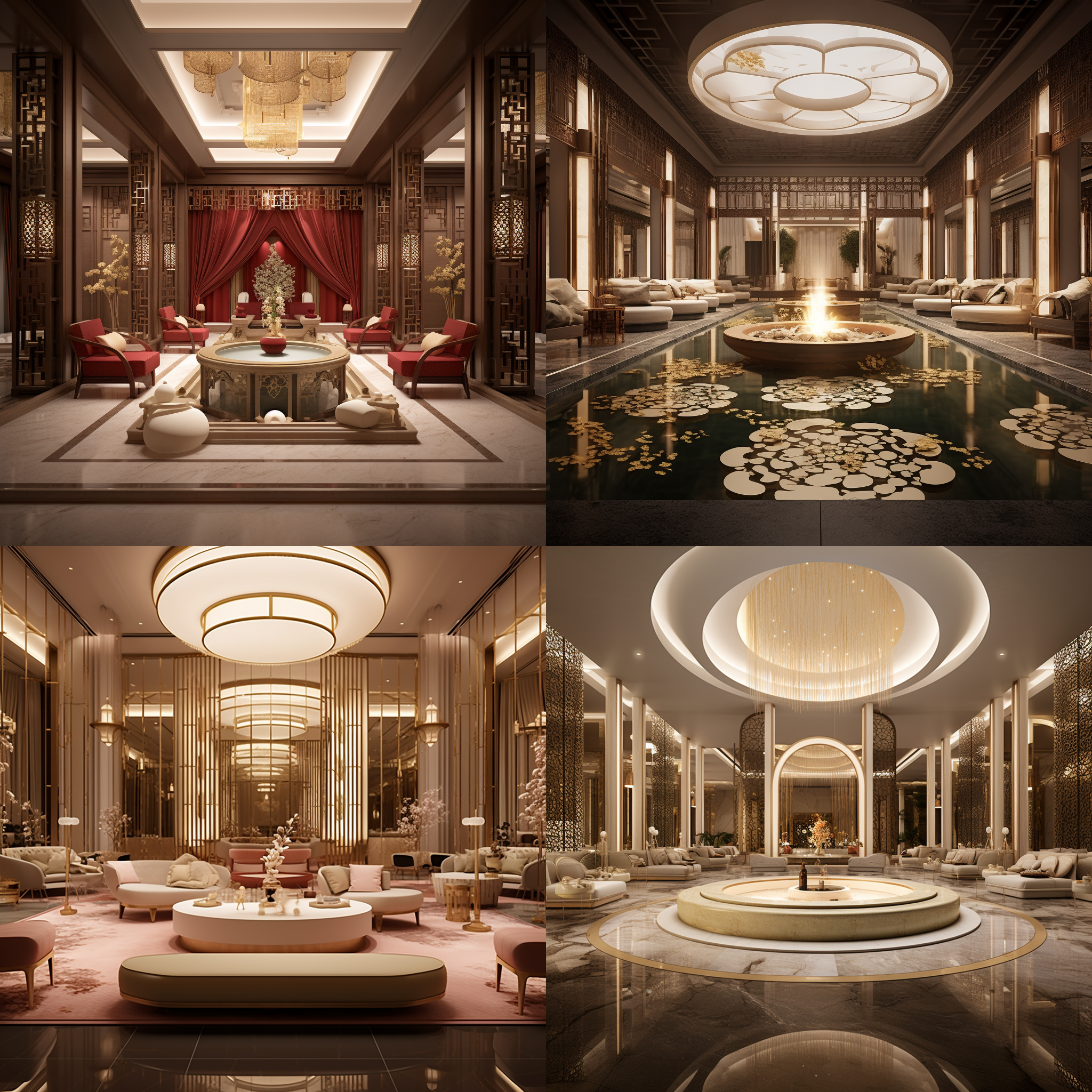 prompt. 唐朝风格的spa会所装修，奢华低调，纱幔轻飘，皇家风范，古典建筑，柔和光线，暖色调，静谧氛围，优雅动作，金色装饰，典雅服饰，放松愉悦。