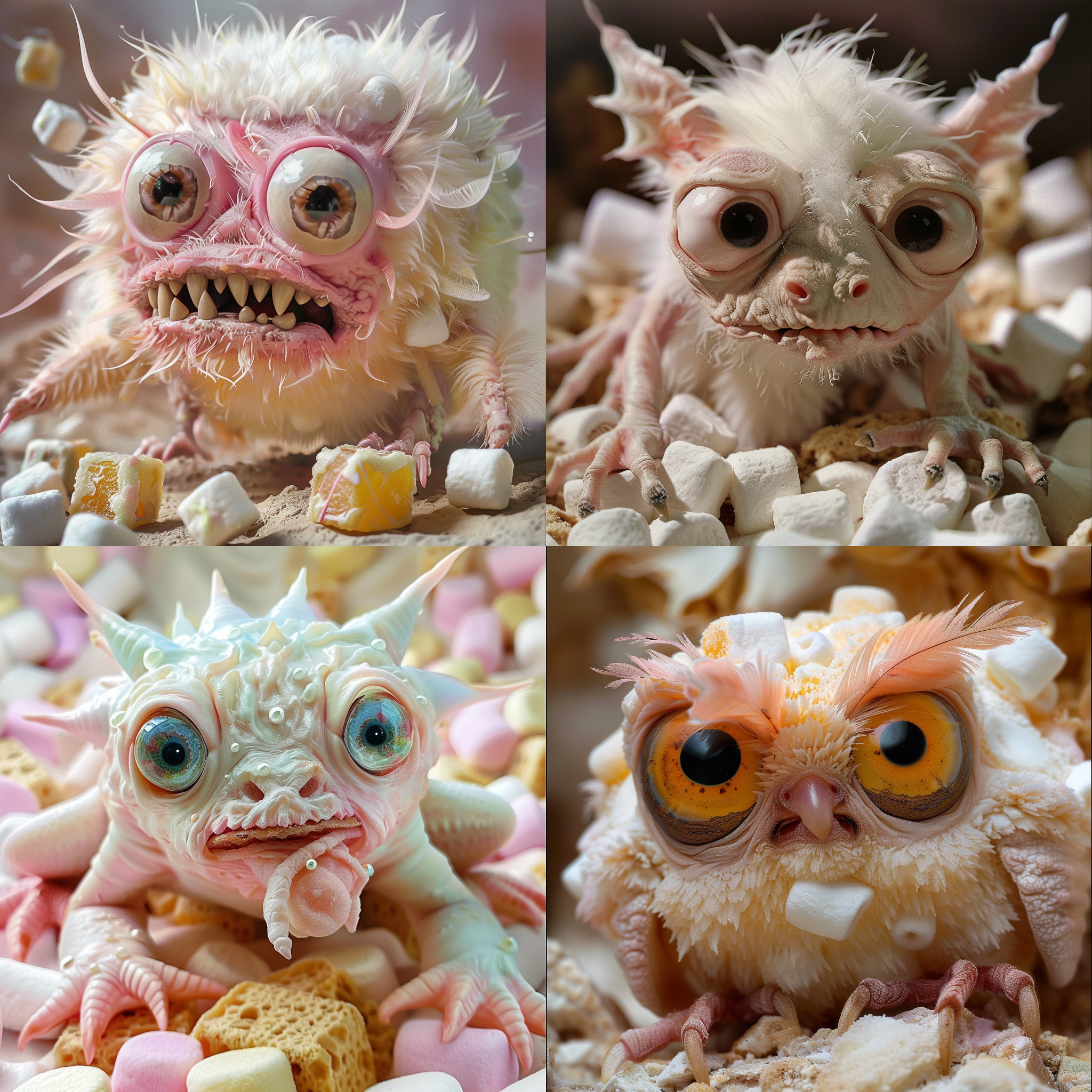 closeup picture of a weird but fascinating creature which humans would call jubbafenxer if they had ever seen one, this creature lives in a cave made of marshmallows and candy bars which doesn't make any sense because it is absolutely allergic to sugar, when eating sugar it begins to bloat and fart in an absolutely absurd manner, because of this suffering this creature has abnormal large eyes but is totally cute, it has a mix of feathers and fur in all colors known to humanity,