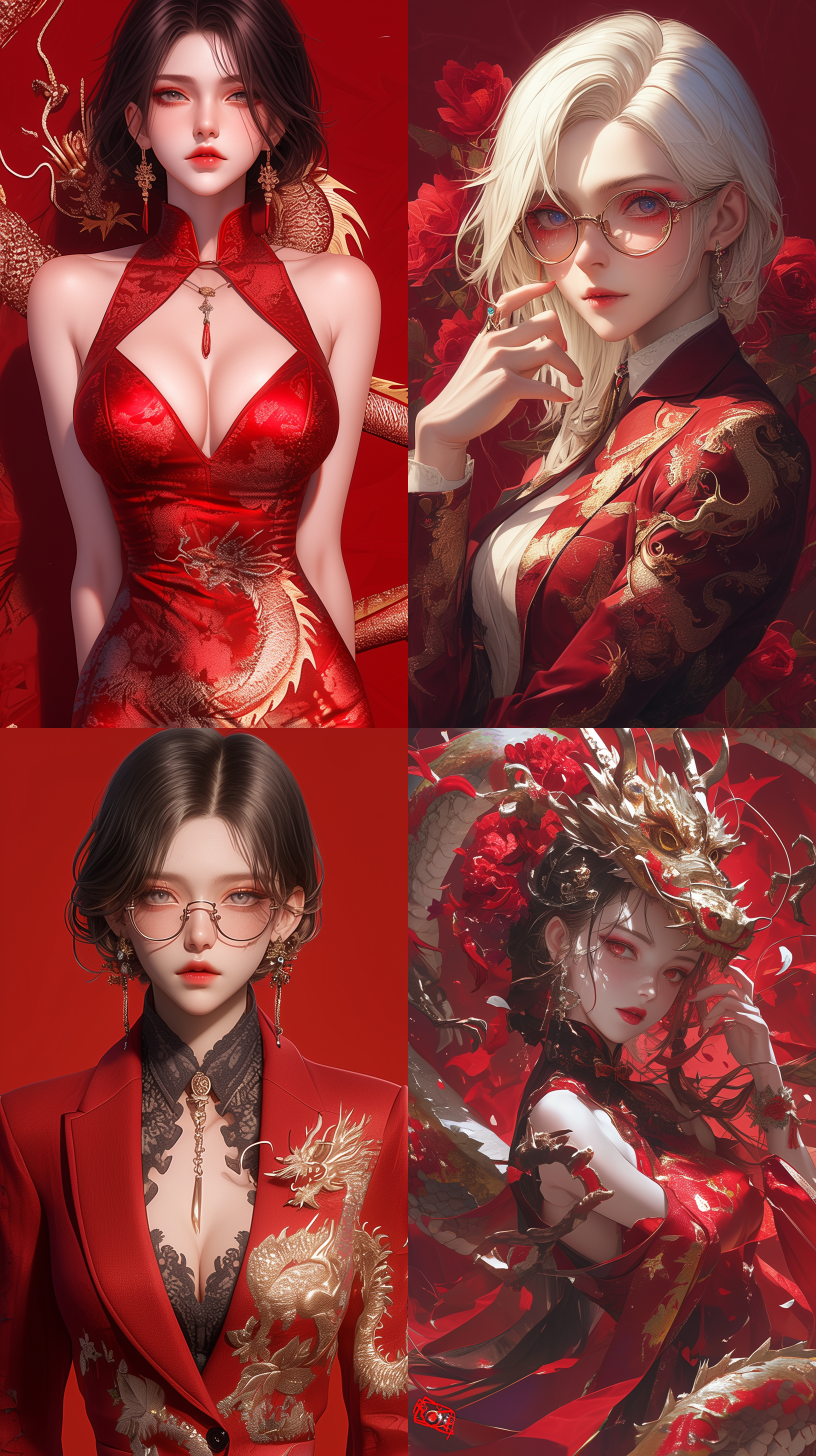 二次元风格，身穿正装红色龙纹西服的超美女生，一片立体感十足的玫瑰花背景，超清晰外观设计，超逼真，超现实，玄幻引擎，3d,精细设计，数字渲染，莱卡镜头，半身肖像画，最高清，8k,视频拍摄，电影镜头，尼康相机