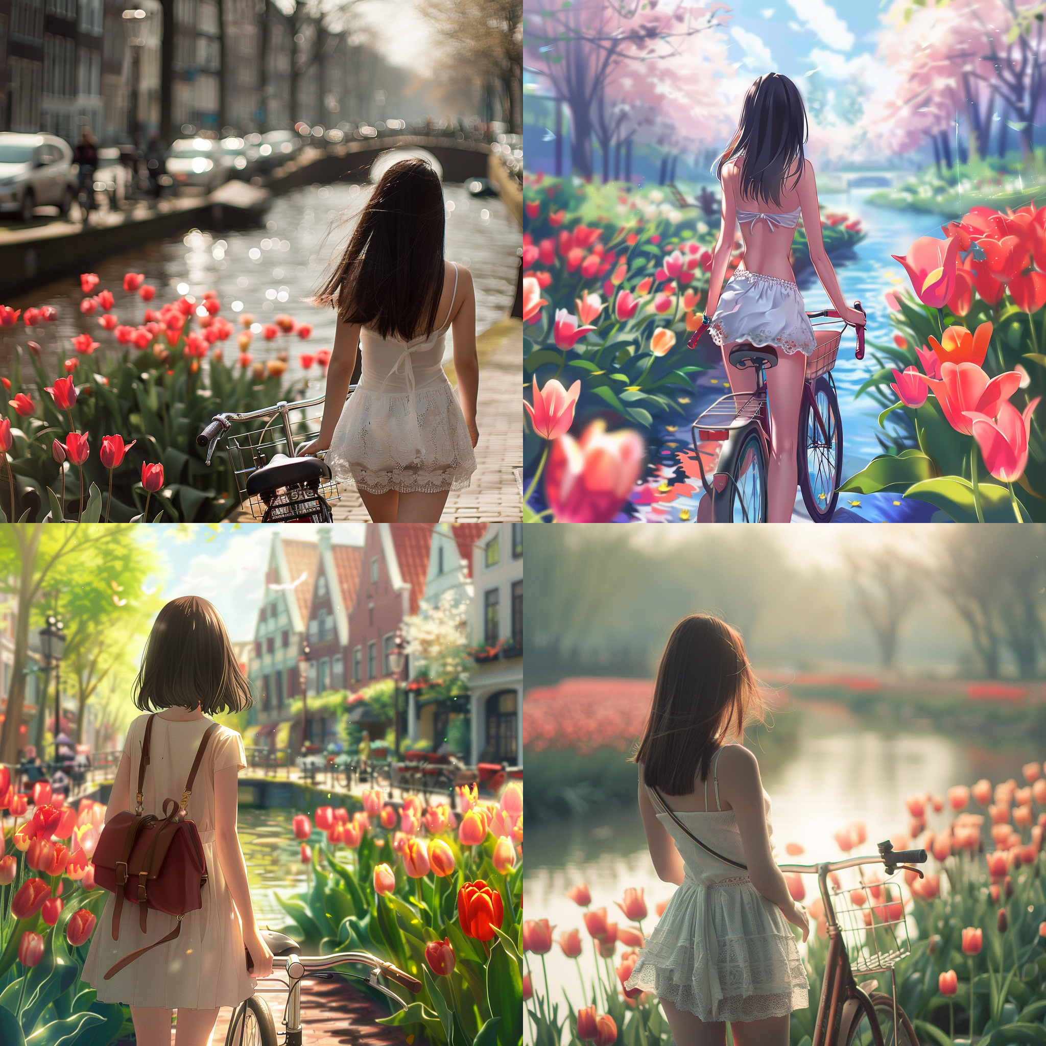 女孩拿郁金香，河边散步，背对镜头，俏皮可爱，白色吊带短裙，齐肩头发，黑直发，超写实，波光粼粼，阳光明媚，纯净自然，自行车，9:18比例，高清晰度，柔和光线，温暖色调，欢快，自由。