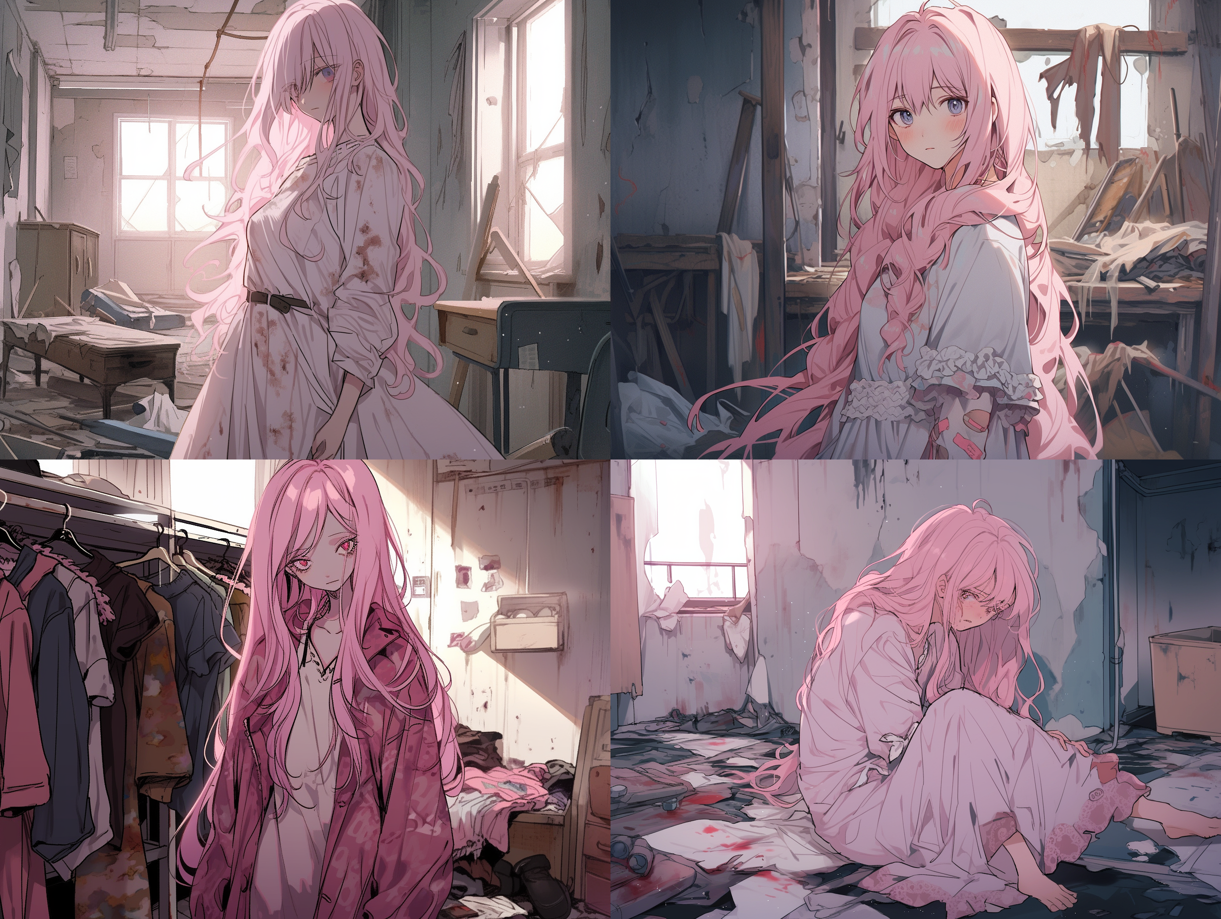 美女，粉色长发，破败房间，浅色衣服，衣服上有污渍，妩媚，勾引人