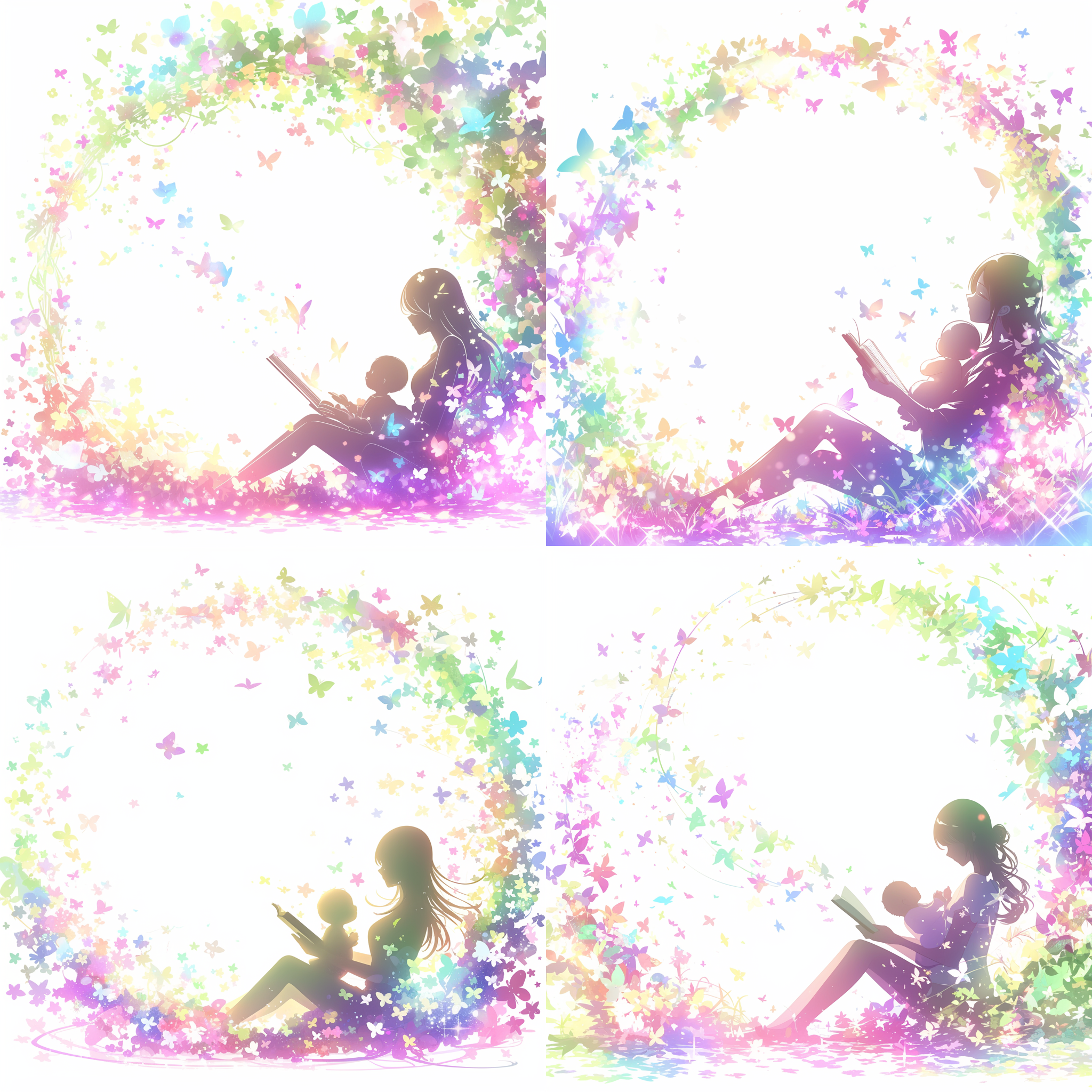 妈妈抱着宝宝的剪影，妈妈宝宝身上遍布各种彩色光点，极简设计，logo