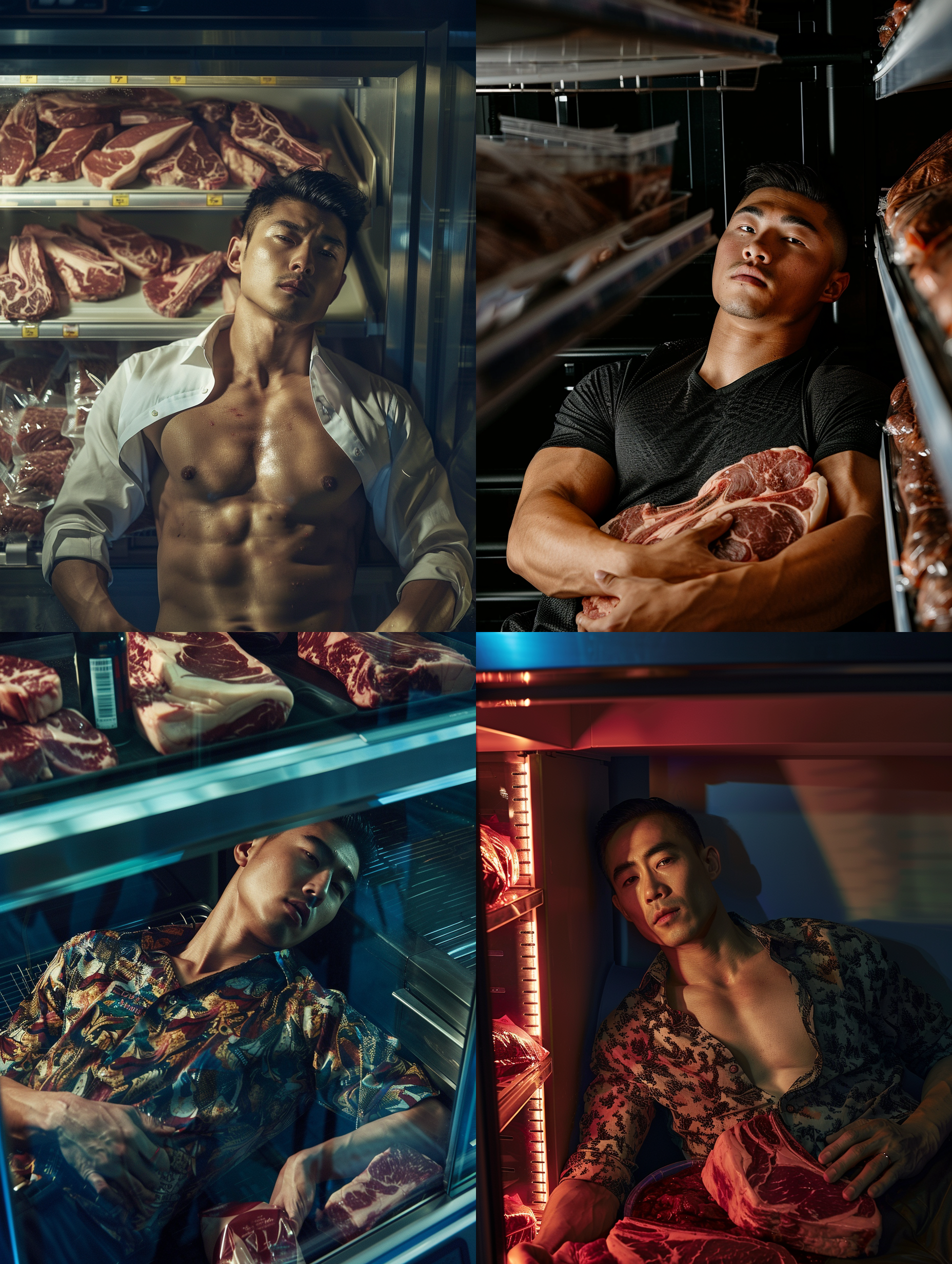 英俊的亚洲男人，躺在超市的大冰柜里，抱着大牛排，敞开上衣，肌肉，许多牛排包装食品摆在周围，极致细节,真实摄影风格，动态姿势，自然光。
