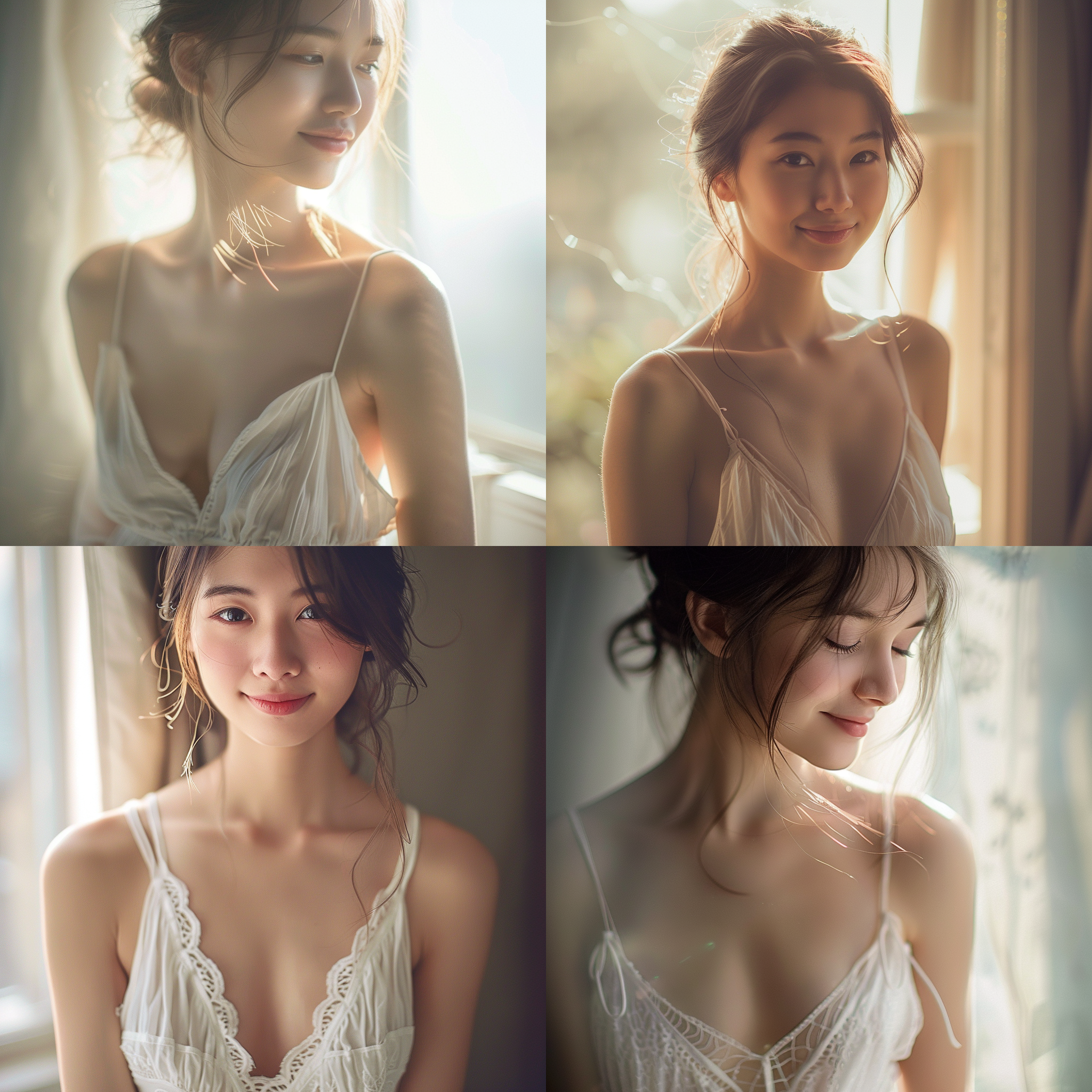 白色吊带纱裙，白皙皮肤，精致五官，东方女孩，逆光拍摄，柔和色调，浅景深，微笑，自然姿态，优雅。