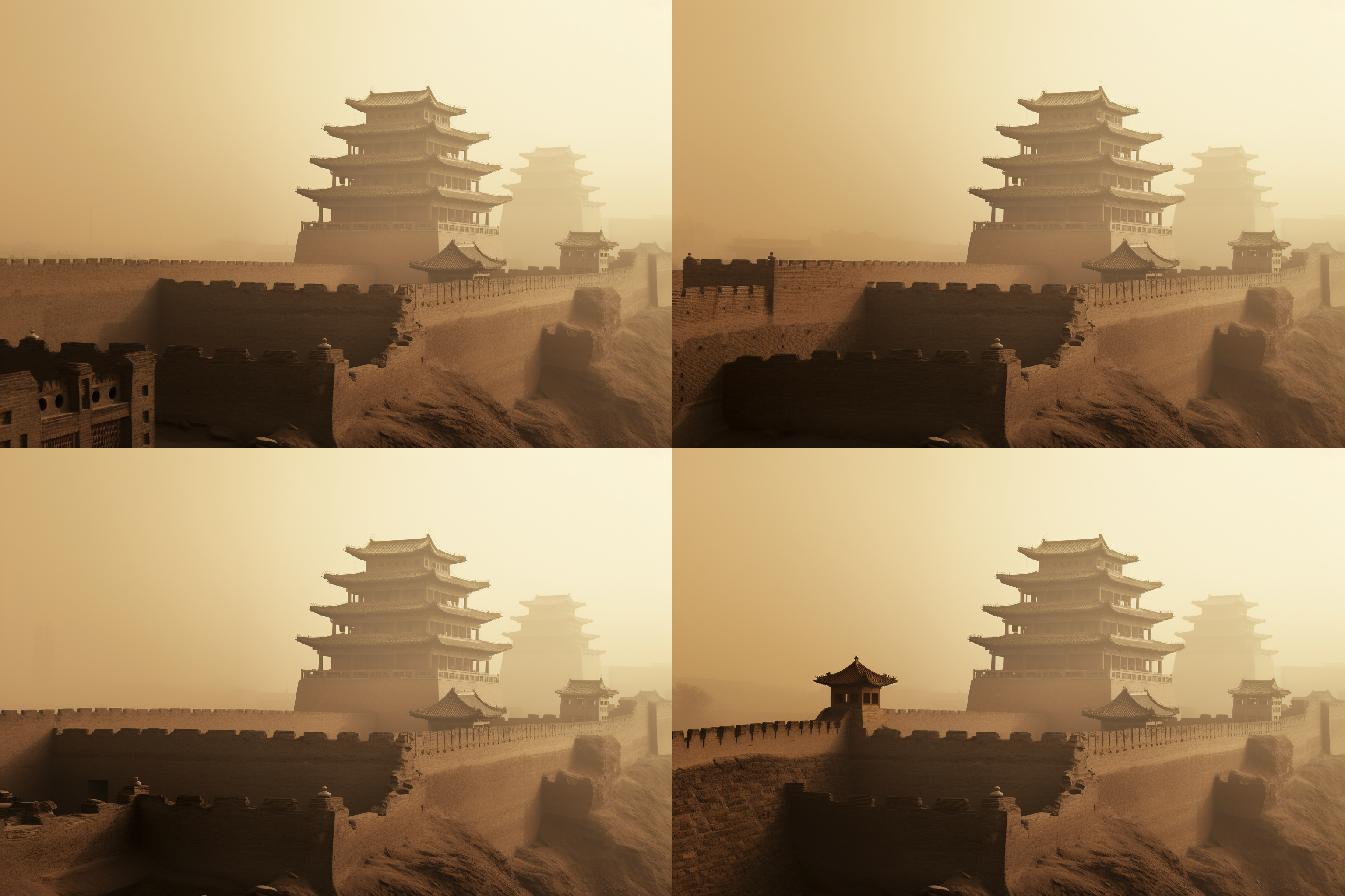 沙尘暴笼罩下的西安城墙，远处模糊的古塔和城市轮廓。灰褐色调，大光圈，尘埃飞扬，剪影，废墟感，荒凉，历史。