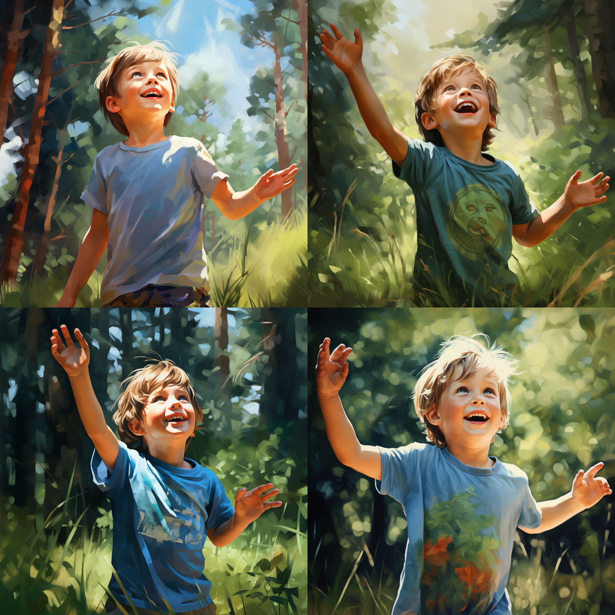 小男孩笑得合不拢嘴，手臂伸直张开，露出胳肢窝。他穿着蓝色t恤，绿色短裤，站在阳光明媚的草地上。背景是一片郁郁葱葱的树木。正中构图，微笑，自然光，清晰，户外，童真，明亮色调。