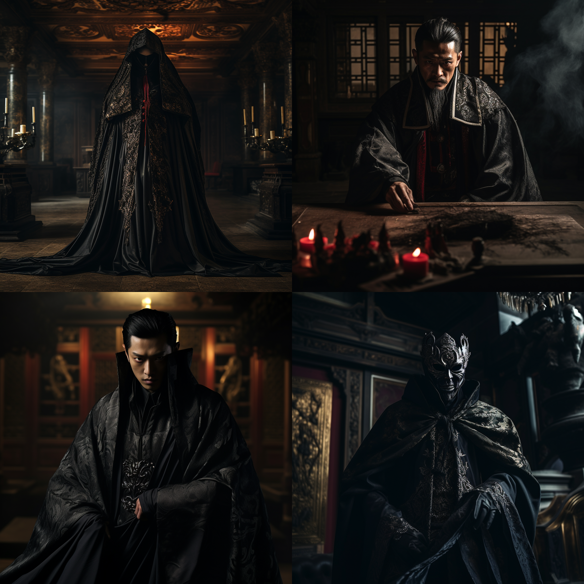 邪恶权力，古堡内，昏暗色调，魅惑风格，中视角镜头，侧光，沉稳动作，黑袍面具，紧锁眉头，威严气场，中国传统元素，阴郁情绪。