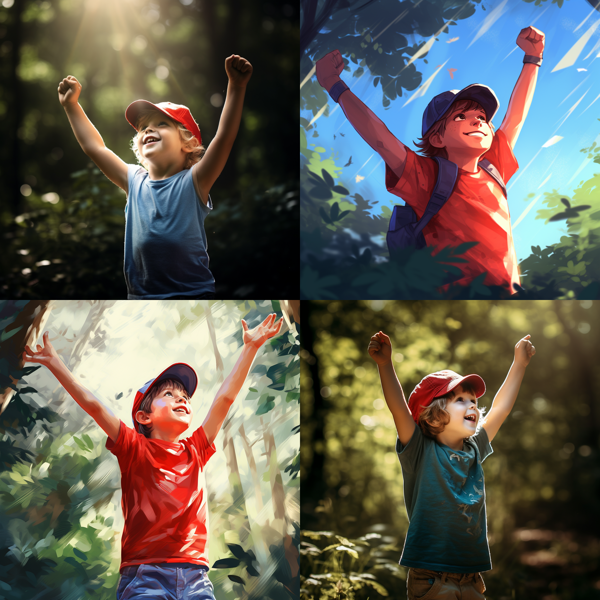 小男孩高举双臂，露出洁白的腋窝。他戴着一顶红色棒球帽，穿着一件蓝色印有超级英雄图案的t恤。阳光透过树叶洒在他身上，映衬出他天真无邪的笑容。背景是一片郁郁葱葱的森林，绿色植被和鸟儿在远处跃动。活力，童真，自信，户外，自然光线，肖像摄影，大光圈，柔和色调。