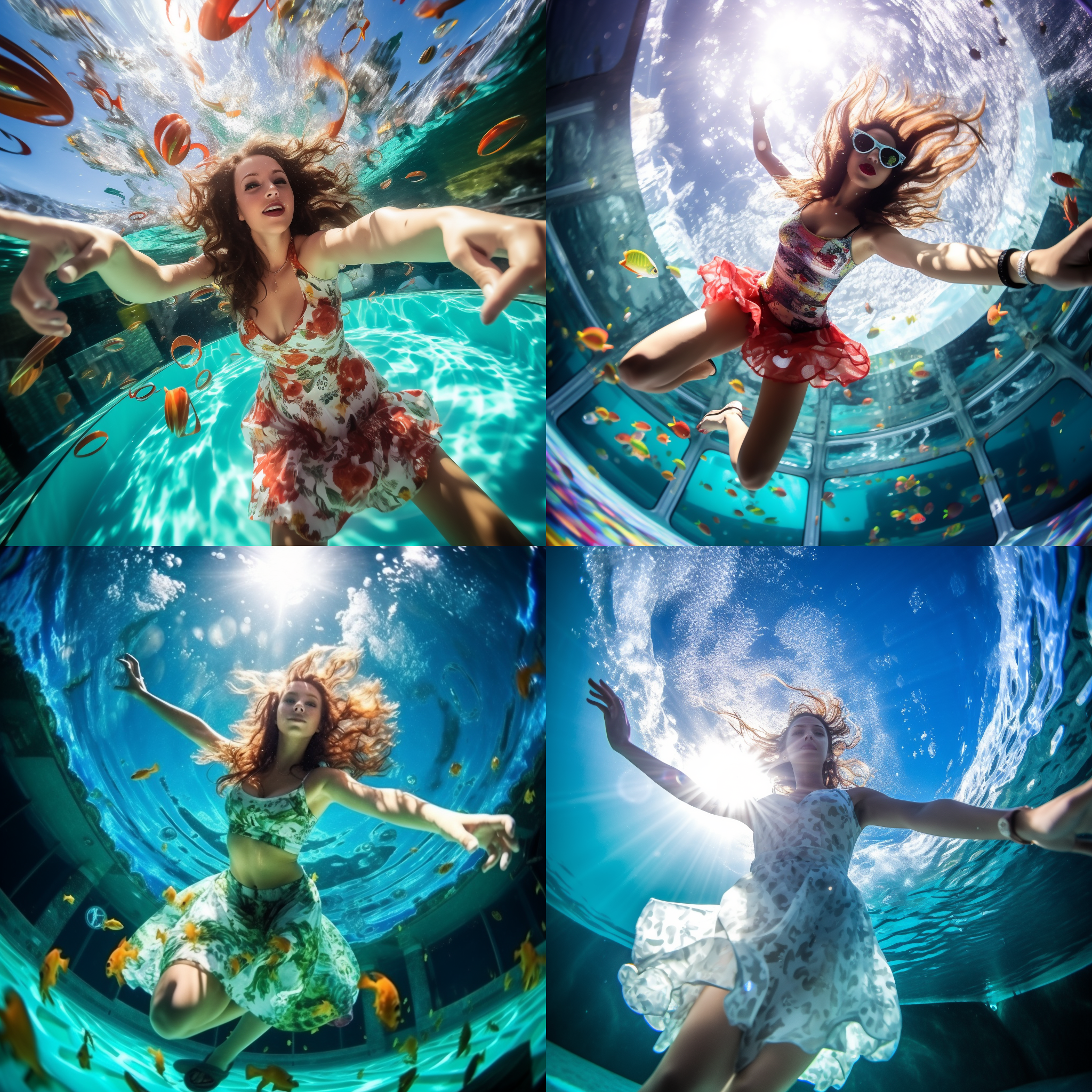 美女比基尼跳舞, 游泳池里, 自然光, 欢快, 水中拍摄, 鱼眼镜头, 动感, 明亮, 活力, 色彩丰富.