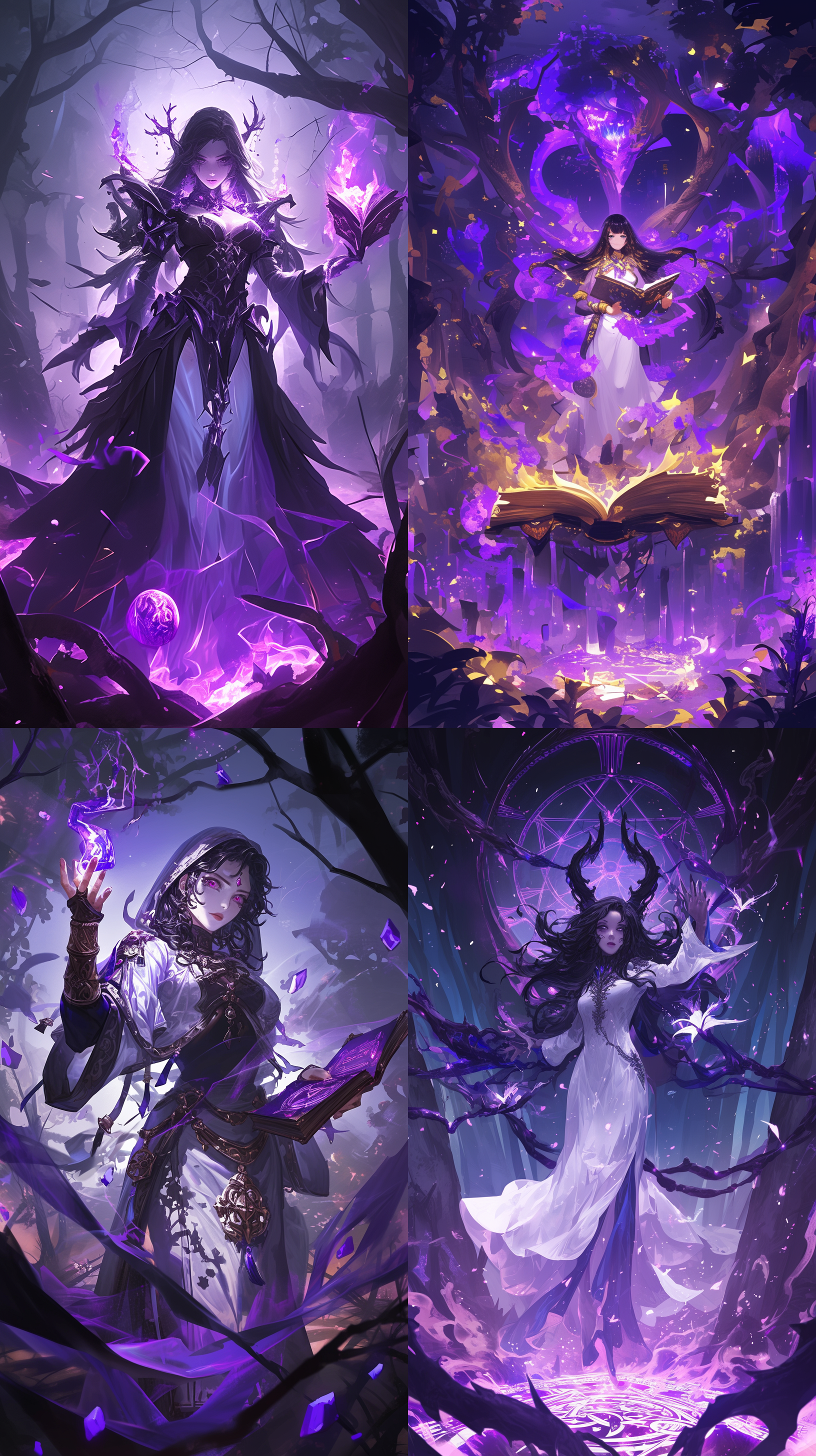 黑发魔女站在森林中，全身人物，正视角，夜晚，身穿白色法袍，右手手捧魔法书，地上出现紫色火焰，面前浮现出紫色魔法阵，魔法符号悬浮，能量展现，细节丰富，神秘光影，周围有着紫色火焰。