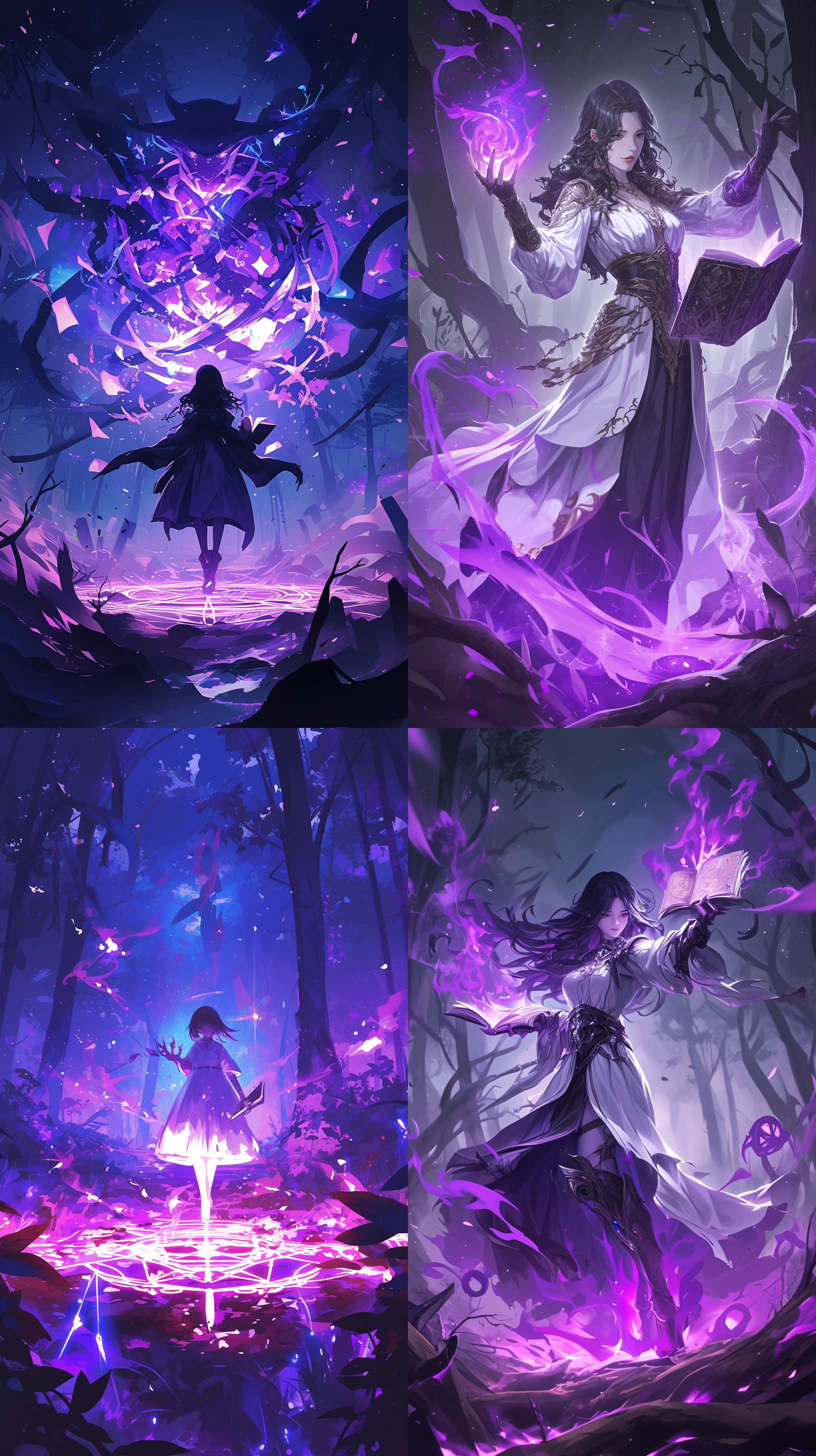 黑发魔女站在森林中，全身人物，正视角，夜晚，身穿白色法袍，右手手捧魔法书，地上出现紫色火焰，面前浮现出紫色魔法阵，魔法符号悬浮，能量展现，细节丰富，神秘光影，周围有着紫色火焰。