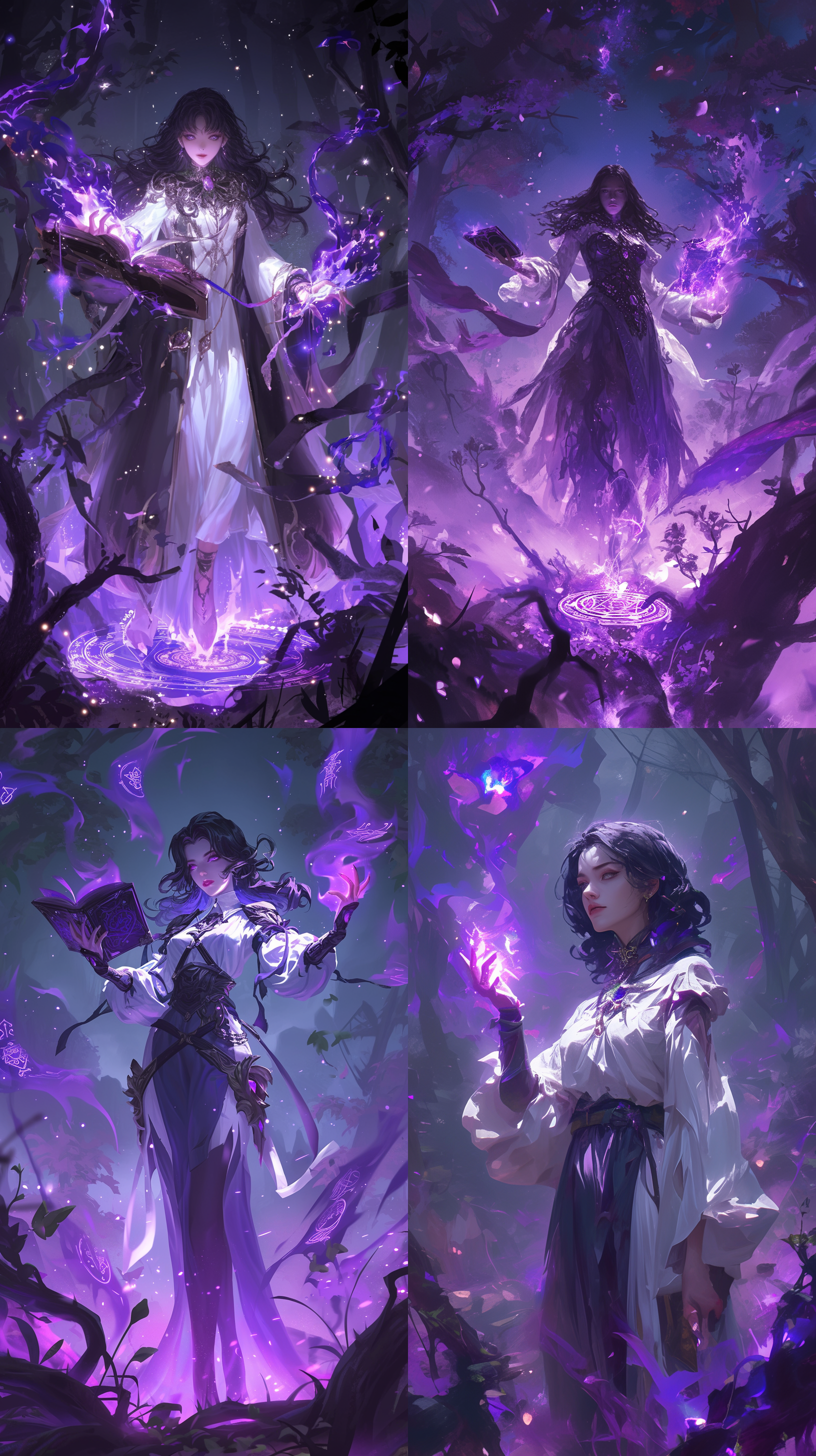 黑发魔女站在森林中，全身人物，正视角，夜晚，身穿白色法袍，右手手捧魔法书，地上出现紫色火焰，面前浮现出紫色魔法阵，魔法符号悬浮，能量展现，细节丰富，神秘光影，周围有着紫色火焰。
