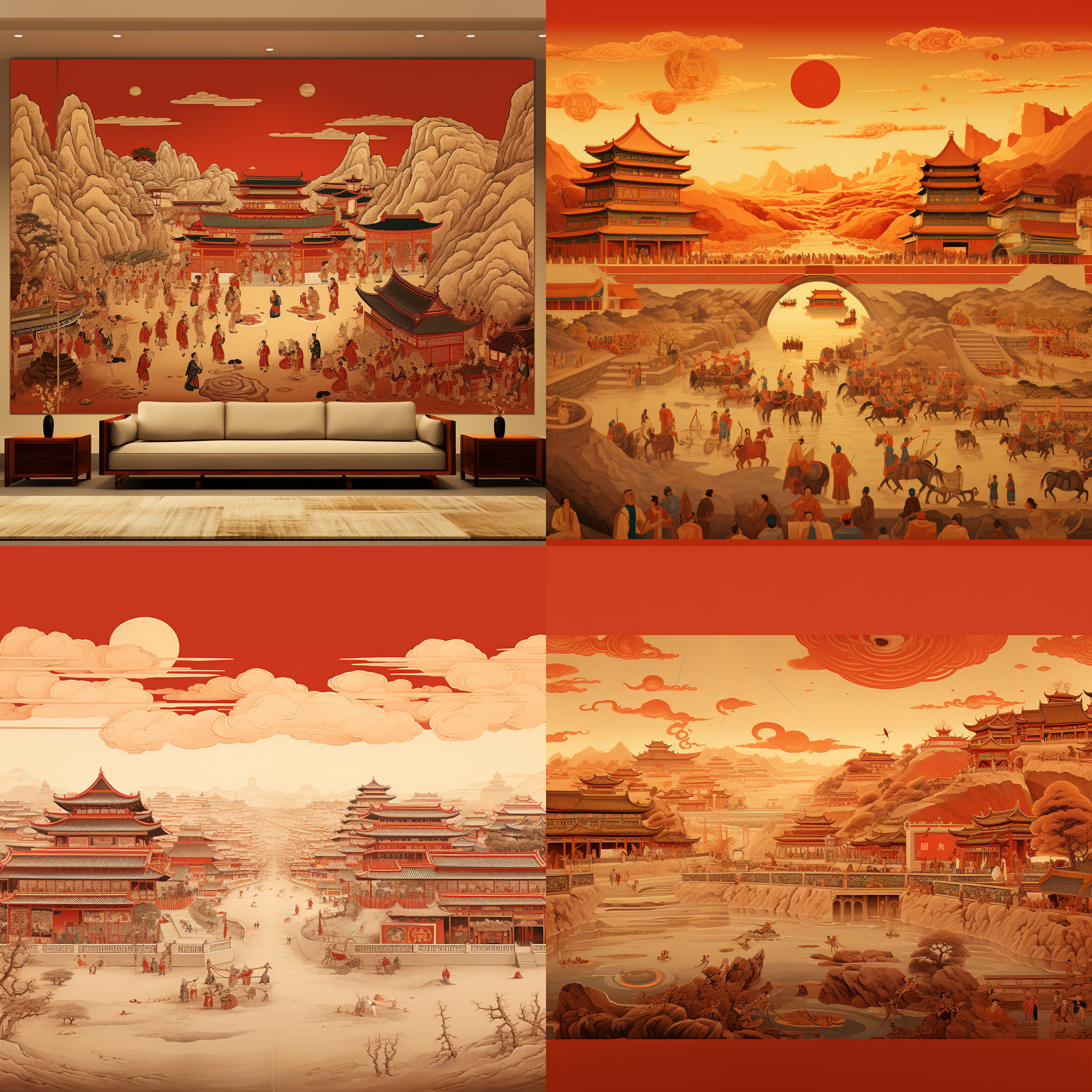 敦煌壁画风格，巨幅壁画，古代中国壁画，透视插图，红色背景，西安城墙春节装饰，金色描边，荧光红对比色搭配，生边质感，远景，超广角镜头，3:4宽高比，6.0版本。