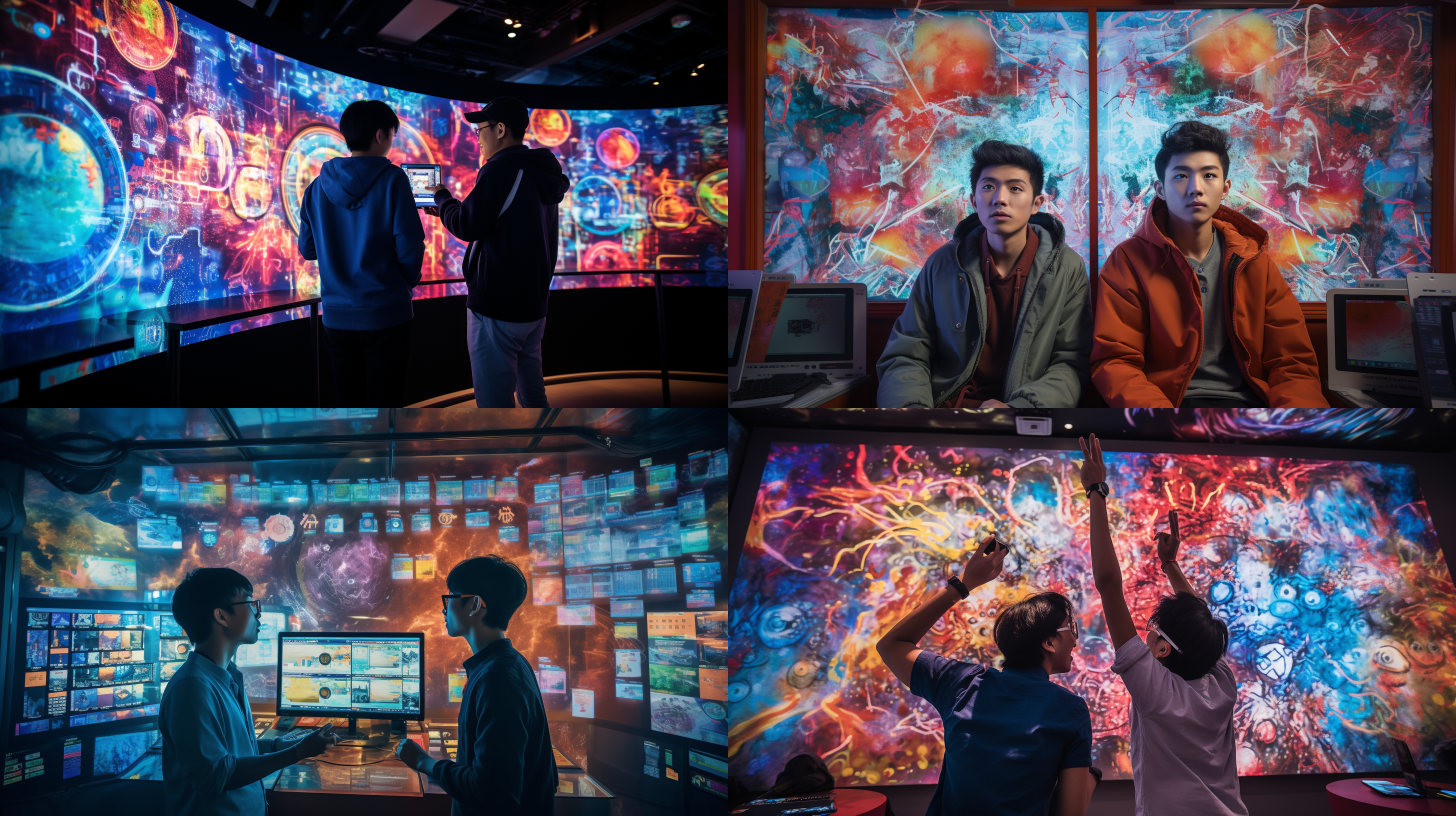 两个小伙子在midjourney中文站电脑前，满脸惊喜和欢呼。他们全身投影在墙上，形成一个巨大的幻像，展现出他们正在用ai绘图的兴奋场景。环境明亮，色彩丰富，构图对称，镜头使用广角，充满活力和创造力。