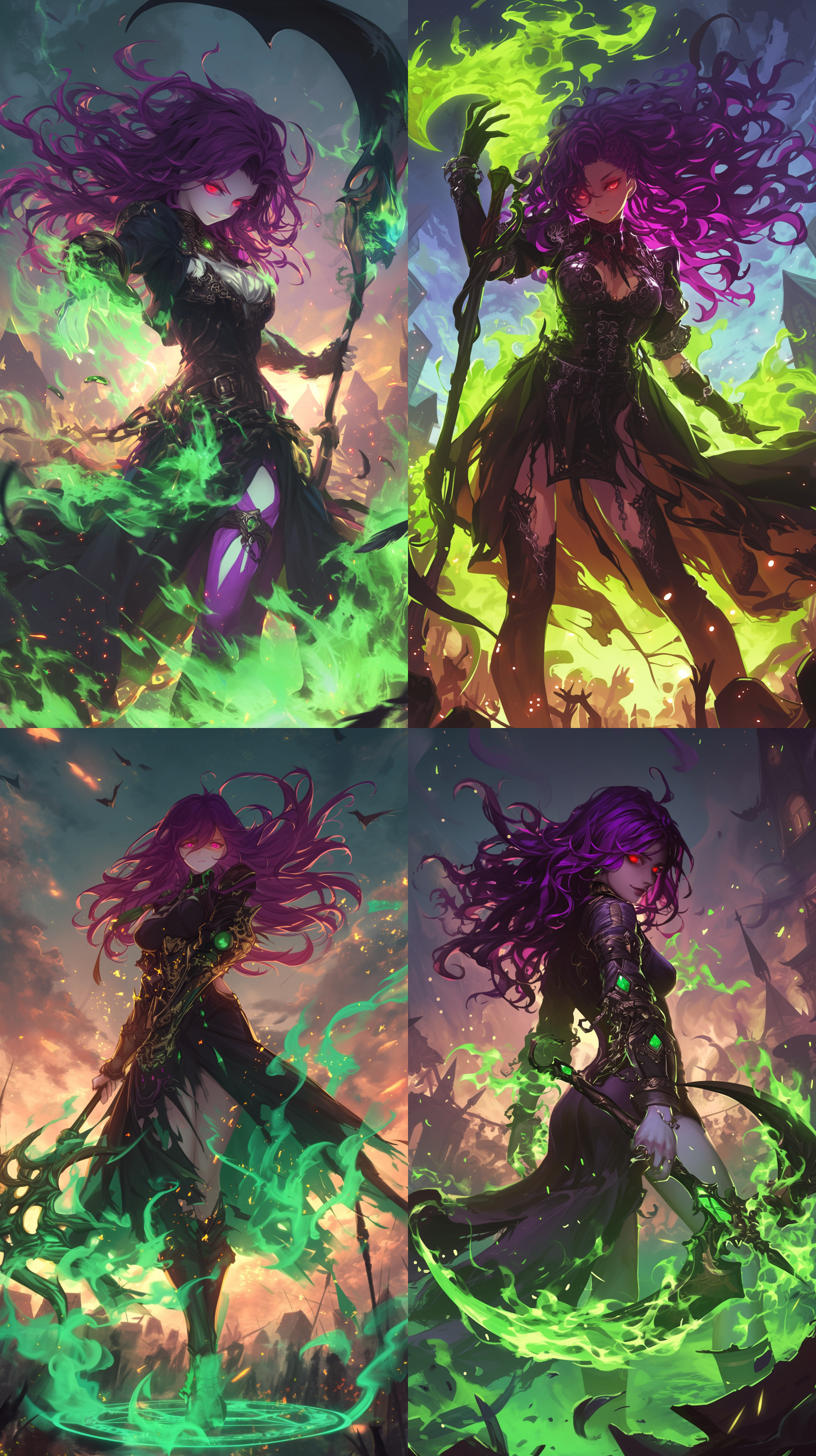 紫发红色瞳孔的魔女，脸上表现出不屑一顾的表情，身上燃起大量绿色的火焰，手持镶嵌宝石的镰刀，脚下浮现骇人的魔法阵，能量溢出。村庄背景。村民四散而逃，镰刀的宝石闪耀着神秘的能量，同时传达着神秘和危险的氛围，给村庄带来了灭世。