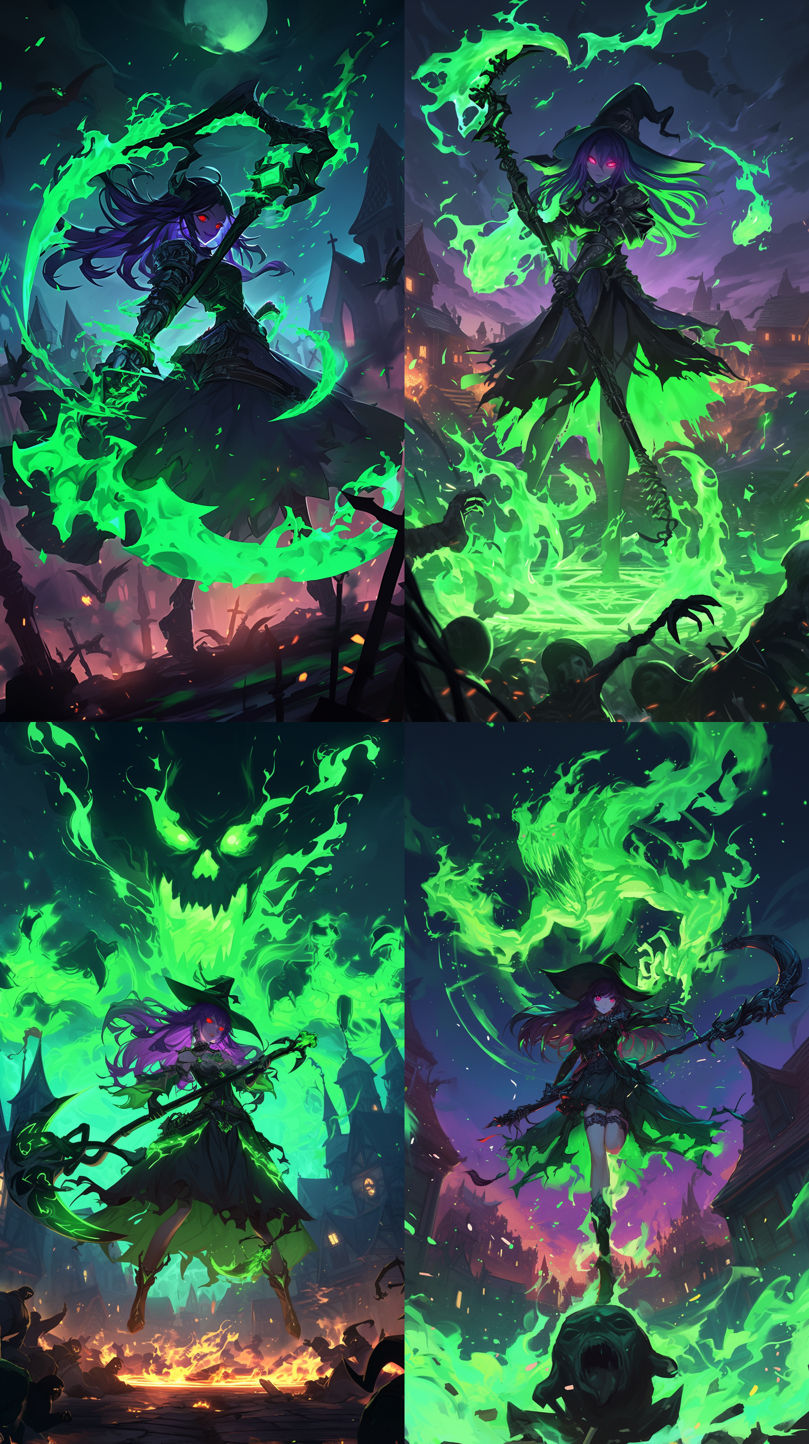 紫发红色瞳孔的魔女，脸上表现愉悦的表情，身上燃起大量绿色的火焰，手持镶嵌宝石的镰刀，脚下浮现骇人的魔法阵，能量溢出。夜晚村庄背景。村民四散而逃，镰刀的宝石闪耀着神秘的能量，同时传达着神秘和危险的氛围，给村庄带来了灭世。