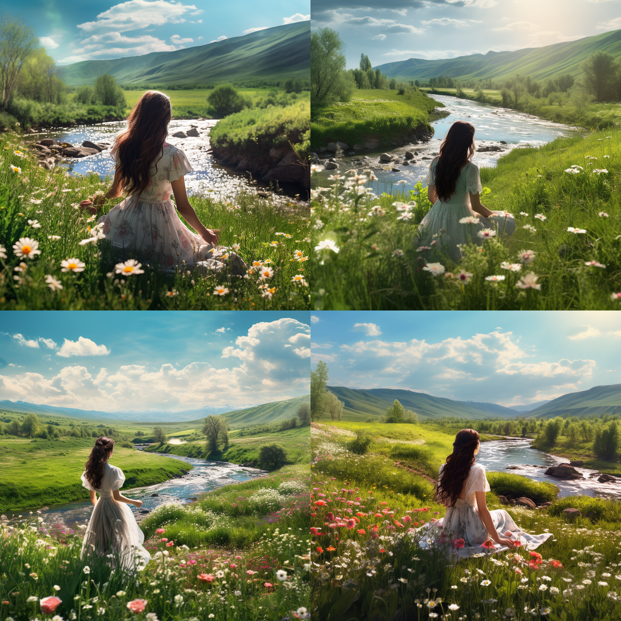 女孩欣赏春天，远望鲜花和绿草的美景，河水流淌，生机盎然。风景布局宽广，色彩明亮，静态，自然光线，长焦镜头，微笑，宁静，愉悦。