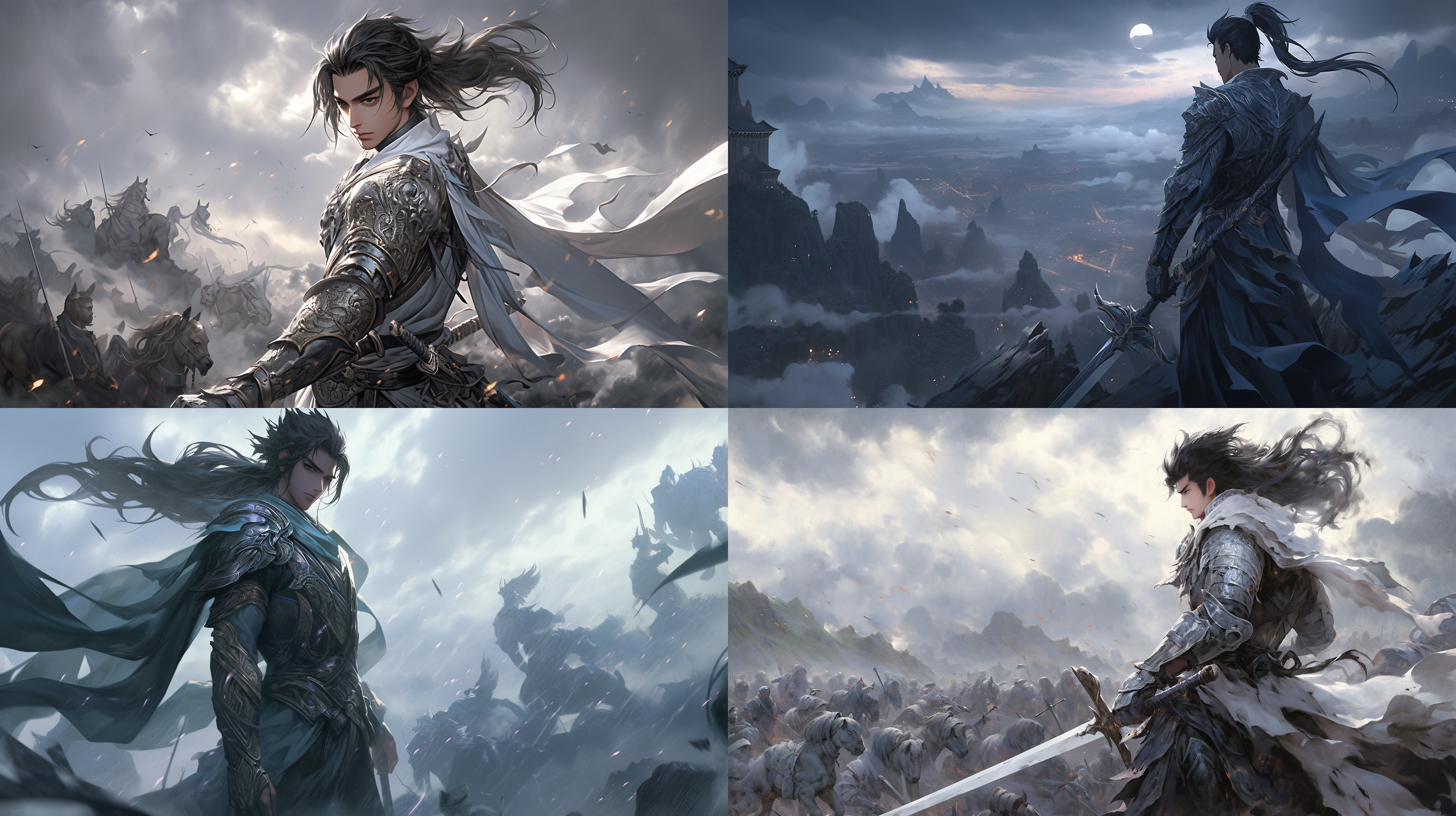 赵云单枪匹马，英姿飒爽，身披鬼甲，手持战戟，站在山顶俯视战场。面容凝重，目光坚定，仿佛能看透敌人。乌云密布，灵魂环绕，高角度视角，暗调，长焦镜头，对焦深度，威严，决然。