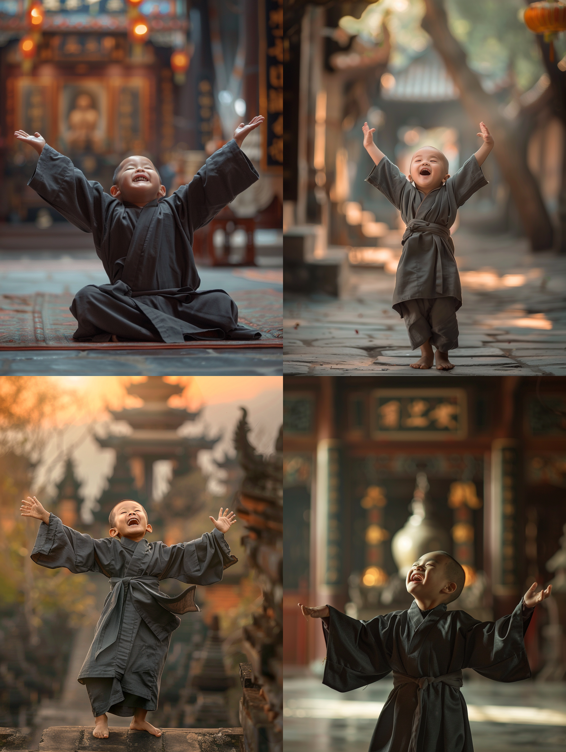 摄影照片，小和尚笑得合不拢嘴，手臂伸直张开，露出胳肢窝。深灰色的袈裟，中心构图，背景是虚化的寺庙场景，暖色调，相机高于眼睛位置，photoreal，national geographic photo，16k，
