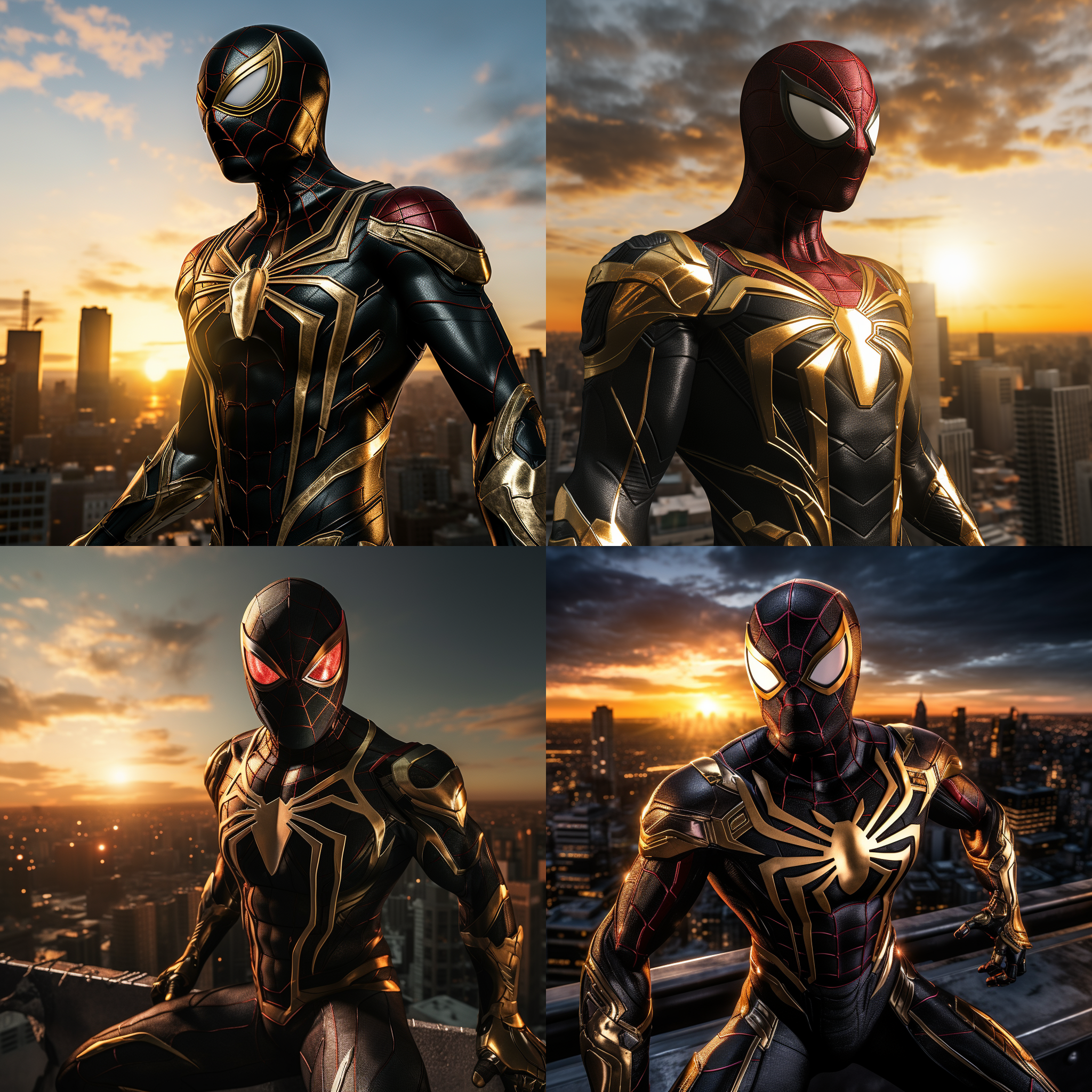 钢铁蜘蛛侠，站在高楼顶上，迎着太阳，准备开始新的战斗。背景是城市的天际线，光线明亮而温暖。蜘蛛侠身穿黑色金属质感的战衣，面具下透露出决绝的表情。风吹动他的披风，展现出力量和自由。高角度拍摄，传递出英雄的威严和勇气。蓝色调和红色的蜘蛛图案增添了战斗的紧张感和激情。蜘蛛侠面对着新的挑战，眼神中闪烁着决心和坚定。蜘蛛侠，高楼顶，太阳，金属质感，战衣，面具，披风，英雄，威严，勇气，蓝色调，红色，挑战，决心，坚定。