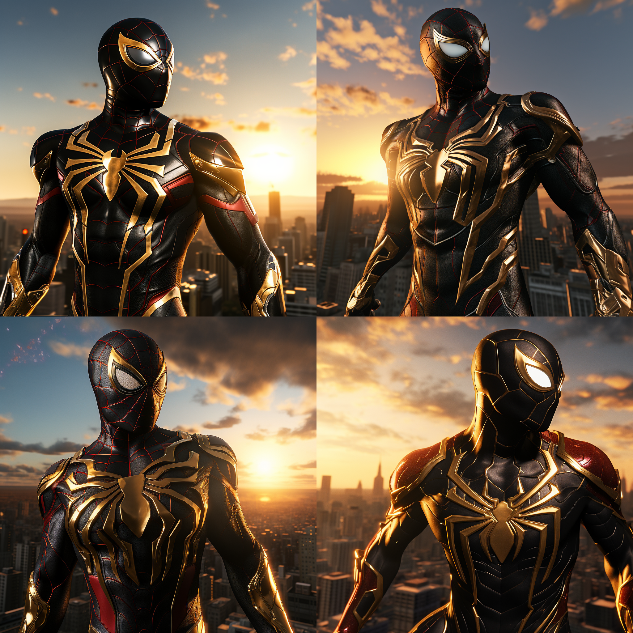 钢铁蜘蛛侠，站在高楼顶上，迎着太阳，准备开始新的战斗。背景是城市的天际线，光线明亮而温暖。蜘蛛侠身穿黑色金属质感的战衣，面具下透露出决绝的表情。风吹动他的披风，展现出力量和自由。高角度拍摄，传递出英雄的威严和勇气。蓝色调和红色的蜘蛛图案增添了战斗的紧张感和激情。蜘蛛侠面对着新的挑战，眼神中闪烁着决心和坚定。蜘蛛侠，高楼顶，太阳，金属质感，战衣，面具，披风，英雄，威严，勇气，蓝色调，红色，挑战，决心，坚定。