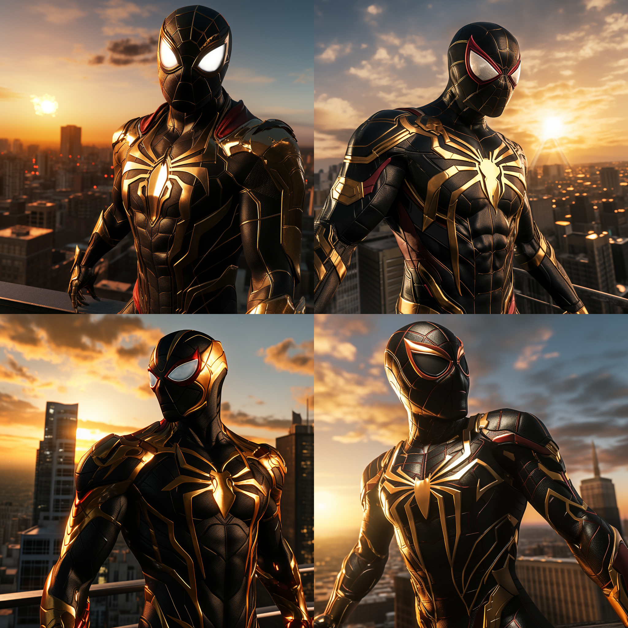 钢铁蜘蛛侠，站在高楼顶上，迎着太阳，准备开始新的战斗。背景是城市的天际线，光线明亮而温暖。蜘蛛侠身穿黑色金属质感的战衣，面具下透露出决绝的表情。风吹动他的披风，展现出力量和自由。高角度拍摄，传递出英雄的威严和勇气。蓝色调和红色的蜘蛛图案增添了战斗的紧张感和激情。蜘蛛侠面对着新的挑战，眼神中闪烁着决心和坚定。蜘蛛侠，高楼顶，太阳，金属质感，战衣，面具，披风，英雄，威严，勇气，蓝色调，红色，挑战，决心，坚定。