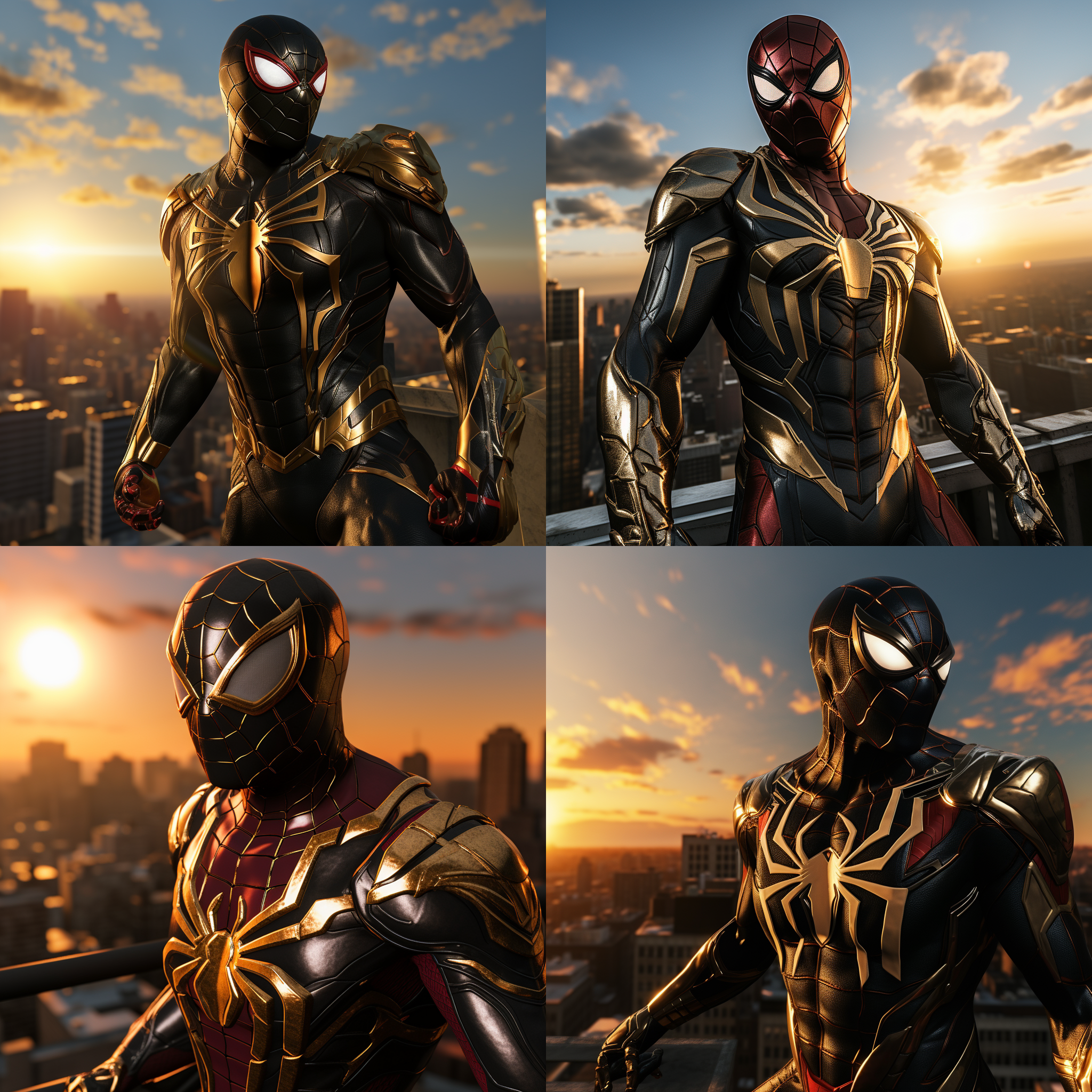 钢铁蜘蛛侠，站在高楼顶上，迎着太阳，准备开始新的战斗。背景是城市的天际线，光线明亮而温暖。蜘蛛侠身穿黑色金属质感的战衣，面具下透露出决绝的表情。风吹动他的披风，展现出力量和自由。高角度拍摄，传递出英雄的威严和勇气。蓝色调和红色的蜘蛛图案增添了战斗的紧张感和激情。蜘蛛侠面对着新的挑战，眼神中闪烁着决心和坚定。蜘蛛侠，高楼顶，太阳，金属质感，战衣，面具，披风，英雄，威严，勇气，蓝色调，红色，挑战，决心，坚定。