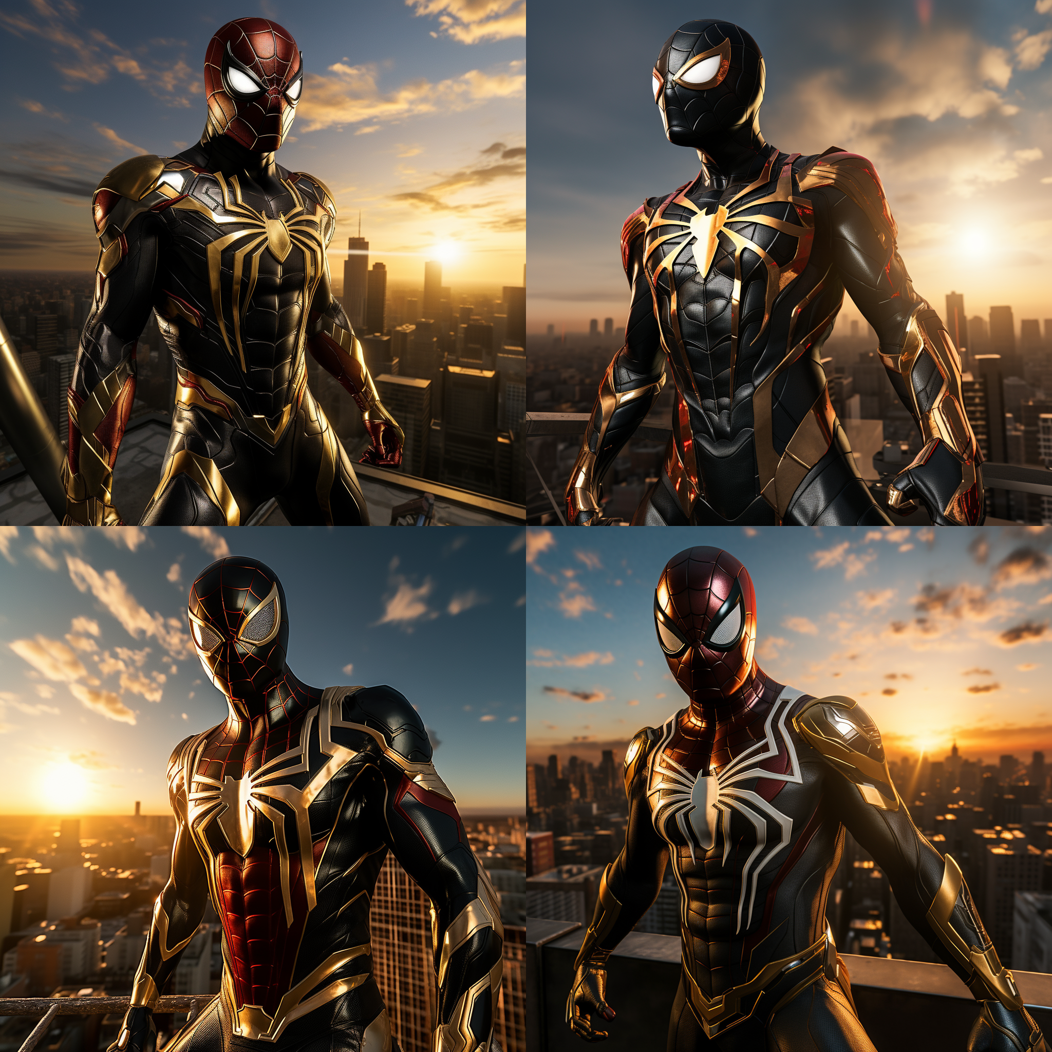 钢铁蜘蛛侠，站在高楼顶上，迎着太阳，准备开始新的战斗。背景是城市的天际线，光线明亮而温暖。蜘蛛侠身穿黑色金属质感的战衣，面具下透露出决绝的表情。风吹动他的披风，展现出力量和自由。高角度拍摄，传递出英雄的威严和勇气。蓝色调和红色的蜘蛛图案增添了战斗的紧张感和激情。蜘蛛侠面对着新的挑战，眼神中闪烁着决心和坚定。蜘蛛侠，高楼顶，太阳，金属质感，战衣，面具，披风，英雄，威严，勇气，蓝色调，红色，挑战，决心，坚定。