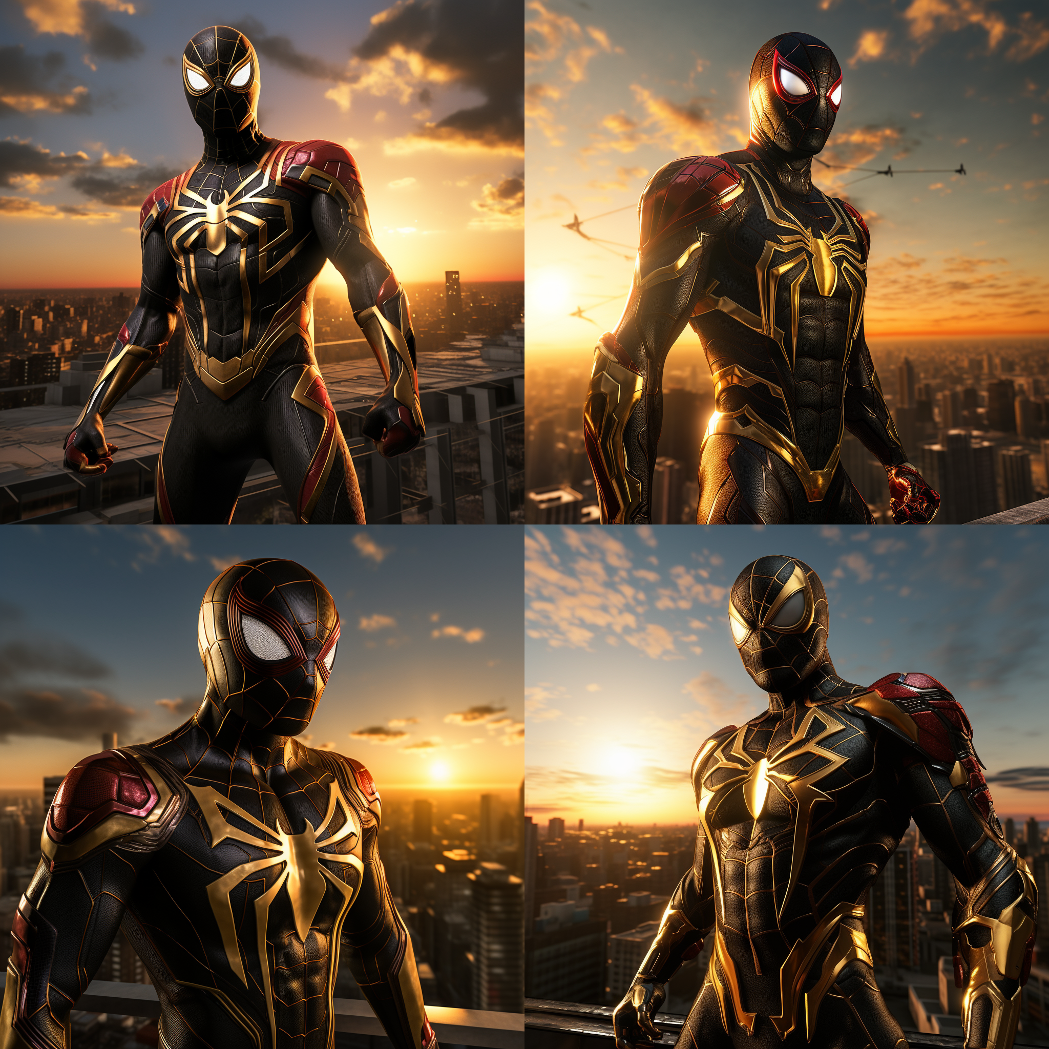 钢铁蜘蛛侠，站在高楼顶上，迎着太阳，准备开始新的战斗。背景是城市的天际线，光线明亮而温暖。蜘蛛侠身穿黑色金属质感的战衣，面具下透露出决绝的表情。风吹动他的披风，展现出力量和自由。高角度拍摄，传递出英雄的威严和勇气。蓝色调和红色的蜘蛛图案增添了战斗的紧张感和激情。蜘蛛侠面对着新的挑战，眼神中闪烁着决心和坚定。蜘蛛侠，高楼顶，太阳，金属质感，战衣，面具，披风，英雄，威严，勇气，蓝色调，红色，挑战，决心，坚定。