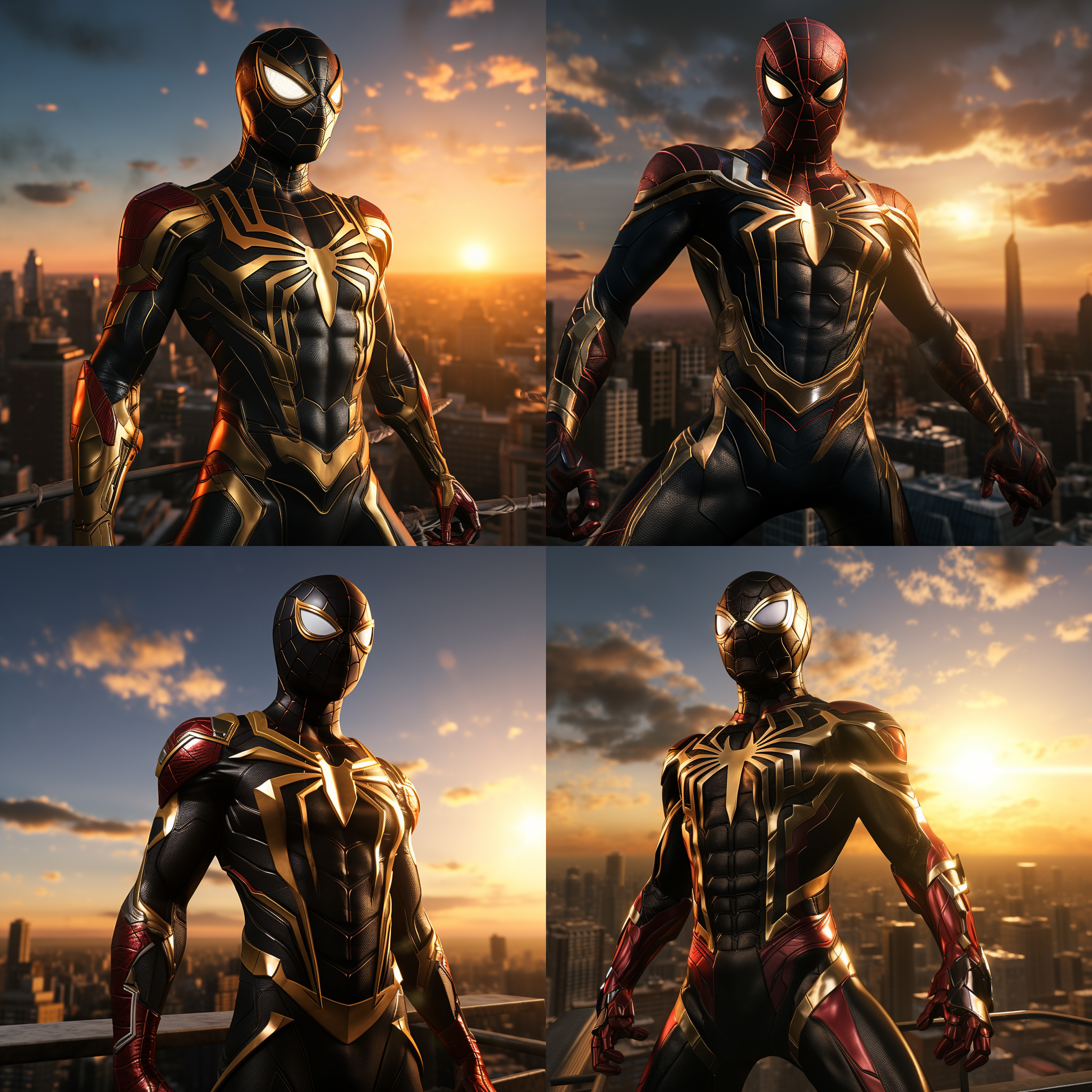 钢铁蜘蛛侠，站在高楼顶上，迎着太阳，准备开始新的战斗。背景是城市的天际线，光线明亮而温暖。蜘蛛侠身穿黑色金属质感的战衣，面具下透露出决绝的表情。风吹动他的披风，展现出力量和自由。高角度拍摄，传递出英雄的威严和勇气。蓝色调和红色的蜘蛛图案增添了战斗的紧张感和激情。蜘蛛侠面对着新的挑战，眼神中闪烁着决心和坚定。蜘蛛侠，高楼顶，太阳，金属质感，战衣，面具，披风，英雄，威严，勇气，蓝色调，红色，挑战，决心，坚定。