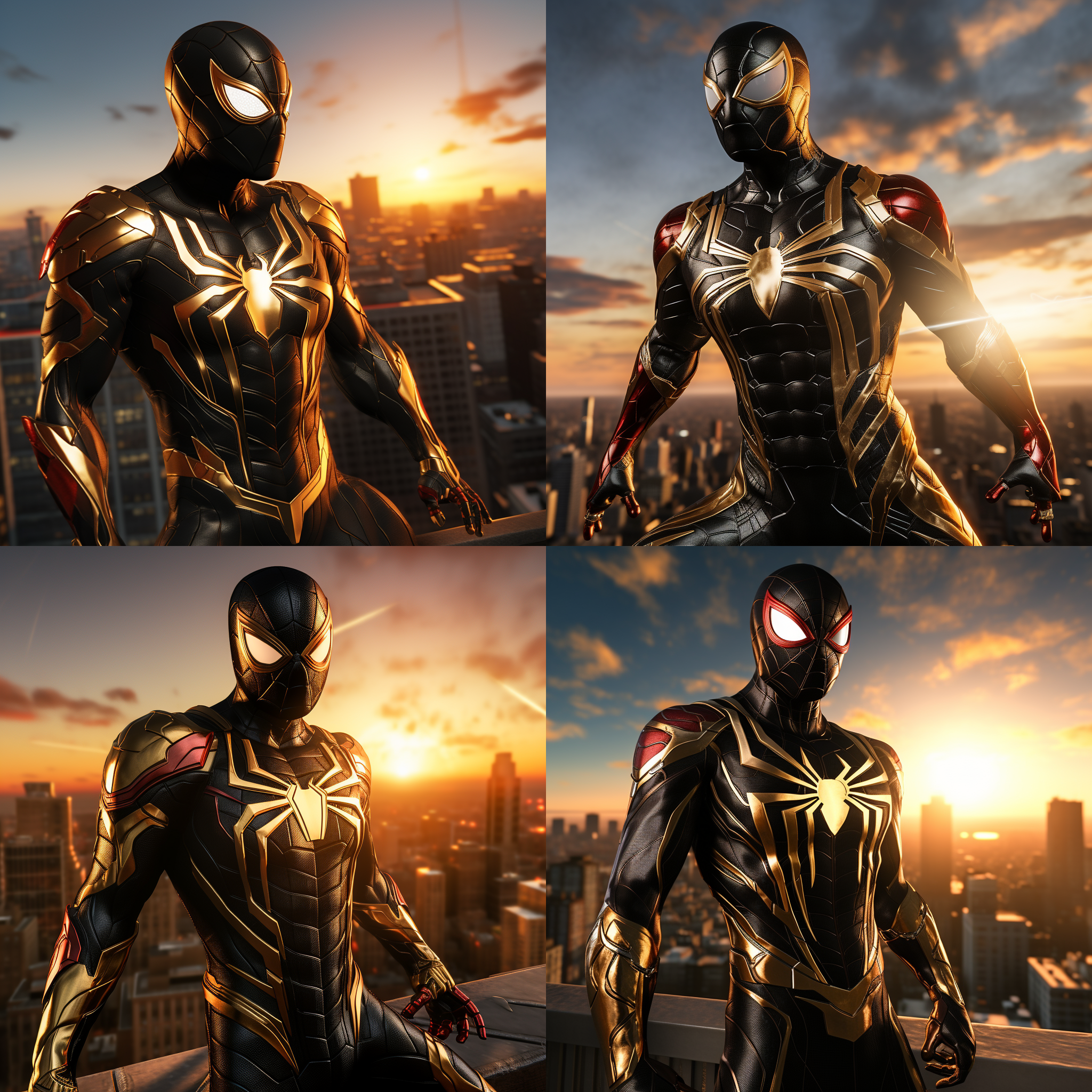 钢铁蜘蛛侠，站在高楼顶上，迎着太阳，准备开始新的战斗。背景是城市的天际线，光线明亮而温暖。蜘蛛侠身穿黑色金属质感的战衣，面具下透露出决绝的表情。风吹动他的披风，展现出力量和自由。高角度拍摄，传递出英雄的威严和勇气。蓝色调和红色的蜘蛛图案增添了战斗的紧张感和激情。蜘蛛侠面对着新的挑战，眼神中闪烁着决心和坚定。蜘蛛侠，高楼顶，太阳，金属质感，战衣，面具，披风，英雄，威严，勇气，蓝色调，红色，挑战，决心，坚定。