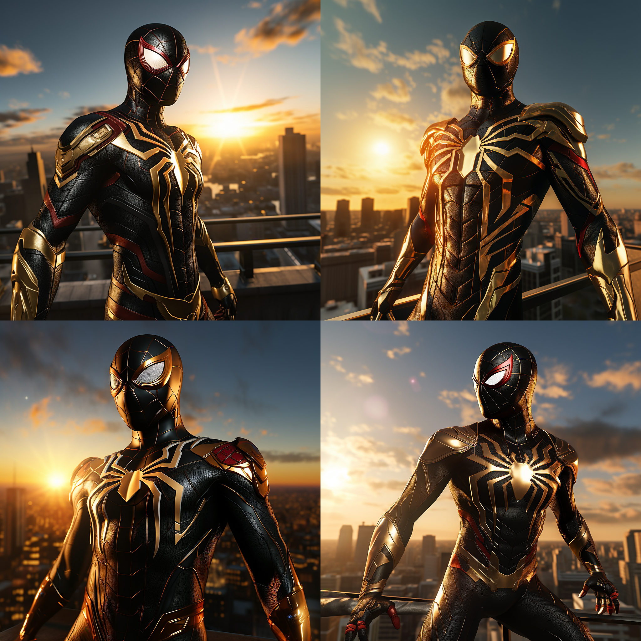 钢铁蜘蛛侠，站在高楼顶上，迎着太阳，准备开始新的战斗。背景是城市的天际线，光线明亮而温暖。蜘蛛侠身穿黑色金属质感的战衣，面具下透露出决绝的表情。风吹动他的披风，展现出力量和自由。高角度拍摄，传递出英雄的威严和勇气。蓝色调和红色的蜘蛛图案增添了战斗的紧张感和激情。蜘蛛侠面对着新的挑战，眼神中闪烁着决心和坚定。蜘蛛侠，高楼顶，太阳，金属质感，战衣，面具，披风，英雄，威严，勇气，蓝色调，红色，挑战，决心，坚定。
