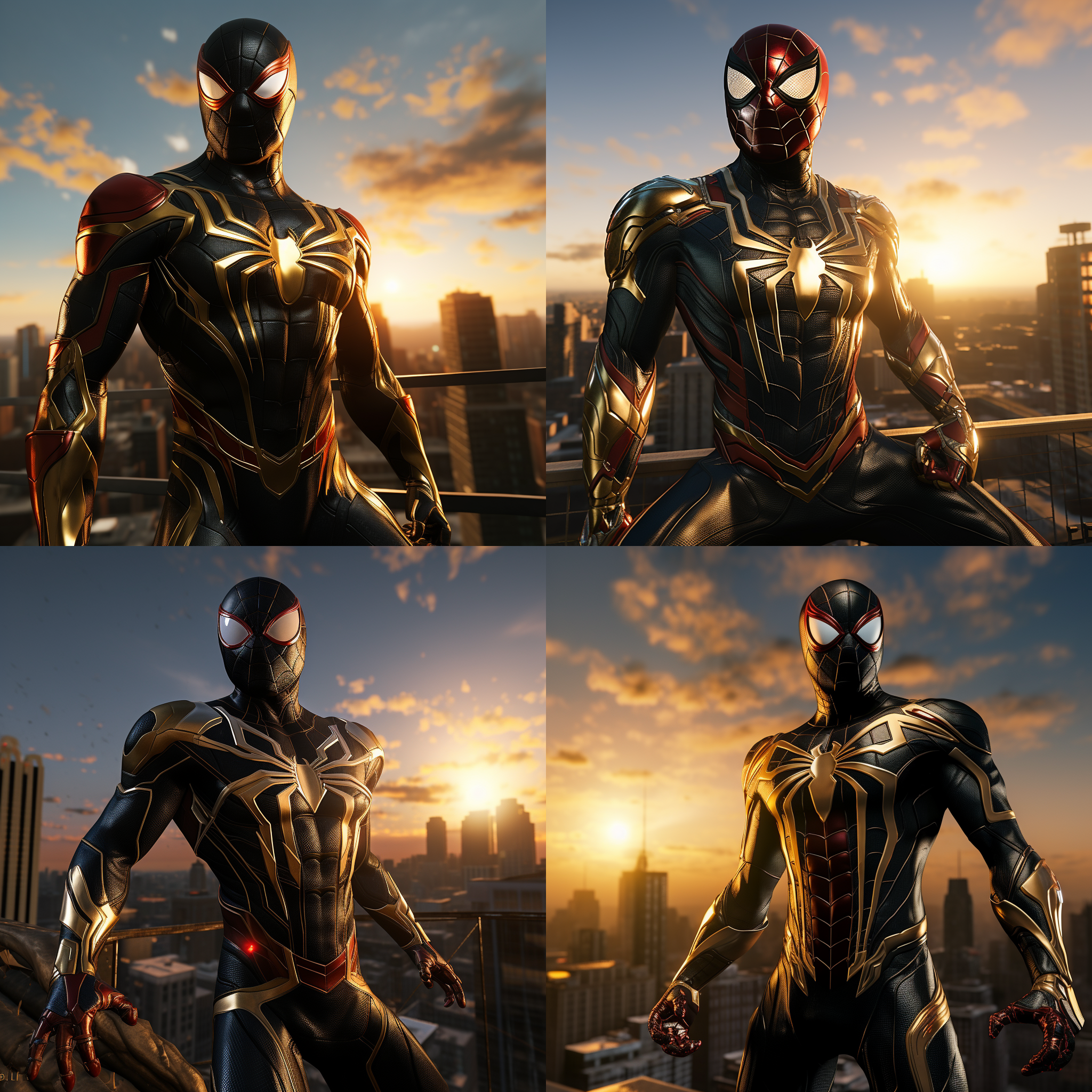 钢铁蜘蛛侠，站在高楼顶上，迎着太阳，准备开始新的战斗。背景是城市的天际线，光线明亮而温暖。蜘蛛侠身穿黑色金属质感的战衣，面具下透露出决绝的表情。风吹动他的披风，展现出力量和自由。高角度拍摄，传递出英雄的威严和勇气。蓝色调和红色的蜘蛛图案增添了战斗的紧张感和激情。蜘蛛侠面对着新的挑战，眼神中闪烁着决心和坚定。蜘蛛侠，高楼顶，太阳，金属质感，战衣，面具，披风，英雄，威严，勇气，蓝色调，红色，挑战，决心，坚定。