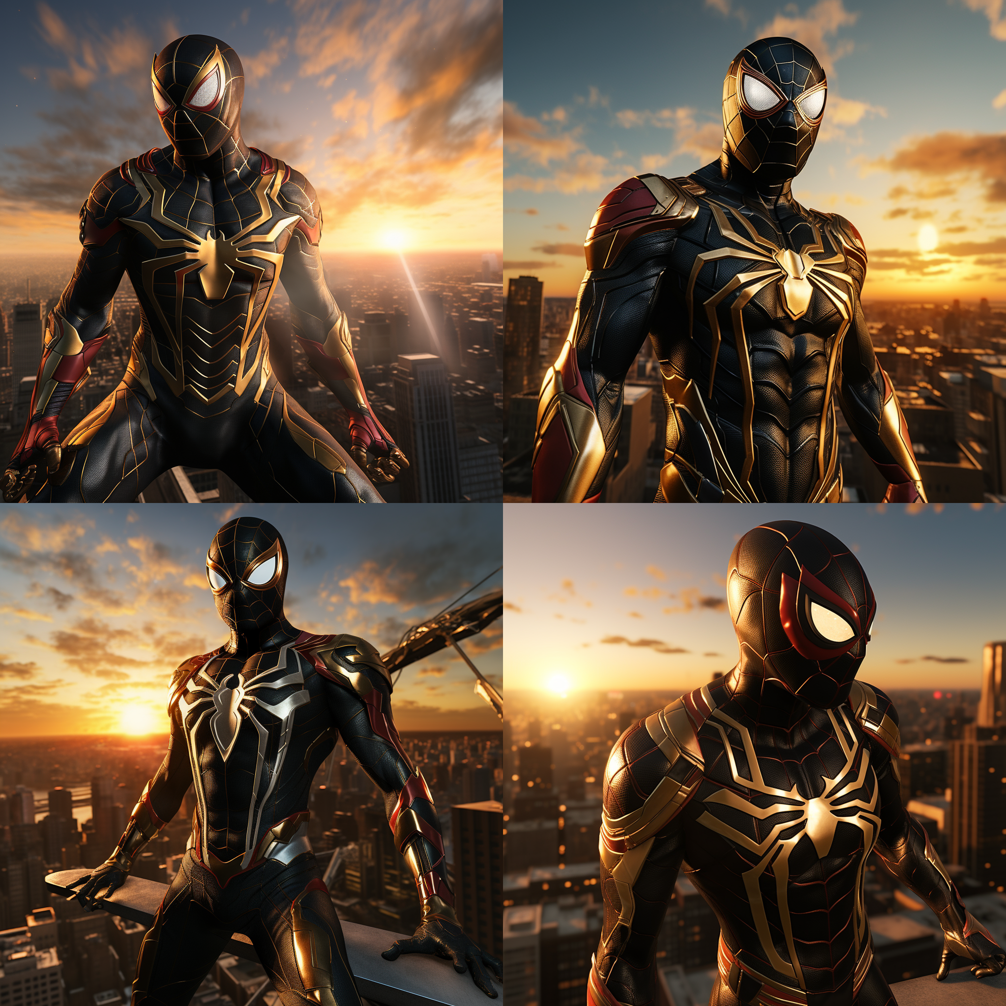 钢铁蜘蛛侠，站在高楼顶上，迎着太阳，准备开始新的战斗。背景是城市的天际线，光线明亮而温暖。蜘蛛侠身穿黑色金属质感的战衣，面具下透露出决绝的表情。风吹动他的披风，展现出力量和自由。高角度拍摄，传递出英雄的威严和勇气。蓝色调和红色的蜘蛛图案增添了战斗的紧张感和激情。蜘蛛侠面对着新的挑战，眼神中闪烁着决心和坚定。蜘蛛侠，高楼顶，太阳，金属质感，战衣，面具，披风，英雄，威严，勇气，蓝色调，红色，挑战，决心，坚定。
