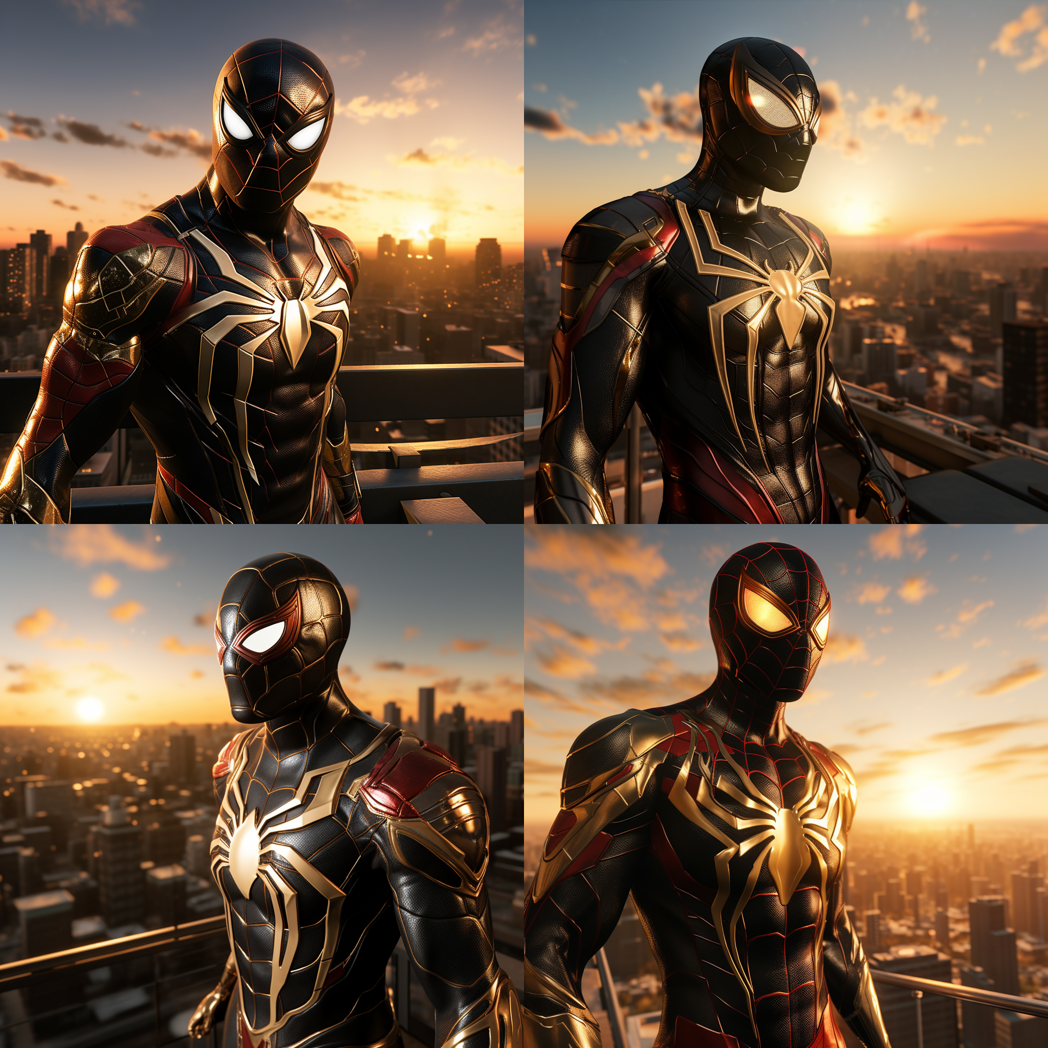 钢铁蜘蛛侠，站在高楼顶上，迎着太阳，准备开始新的战斗。背景是城市的天际线，光线明亮而温暖。蜘蛛侠身穿黑色金属质感的战衣，面具下透露出决绝的表情。风吹动他的披风，展现出力量和自由。高角度拍摄，传递出英雄的威严和勇气。蓝色调和红色的蜘蛛图案增添了战斗的紧张感和激情。蜘蛛侠面对着新的挑战，眼神中闪烁着决心和坚定。蜘蛛侠，高楼顶，太阳，金属质感，战衣，面具，披风，英雄，威严，勇气，蓝色调，红色，挑战，决心，坚定。