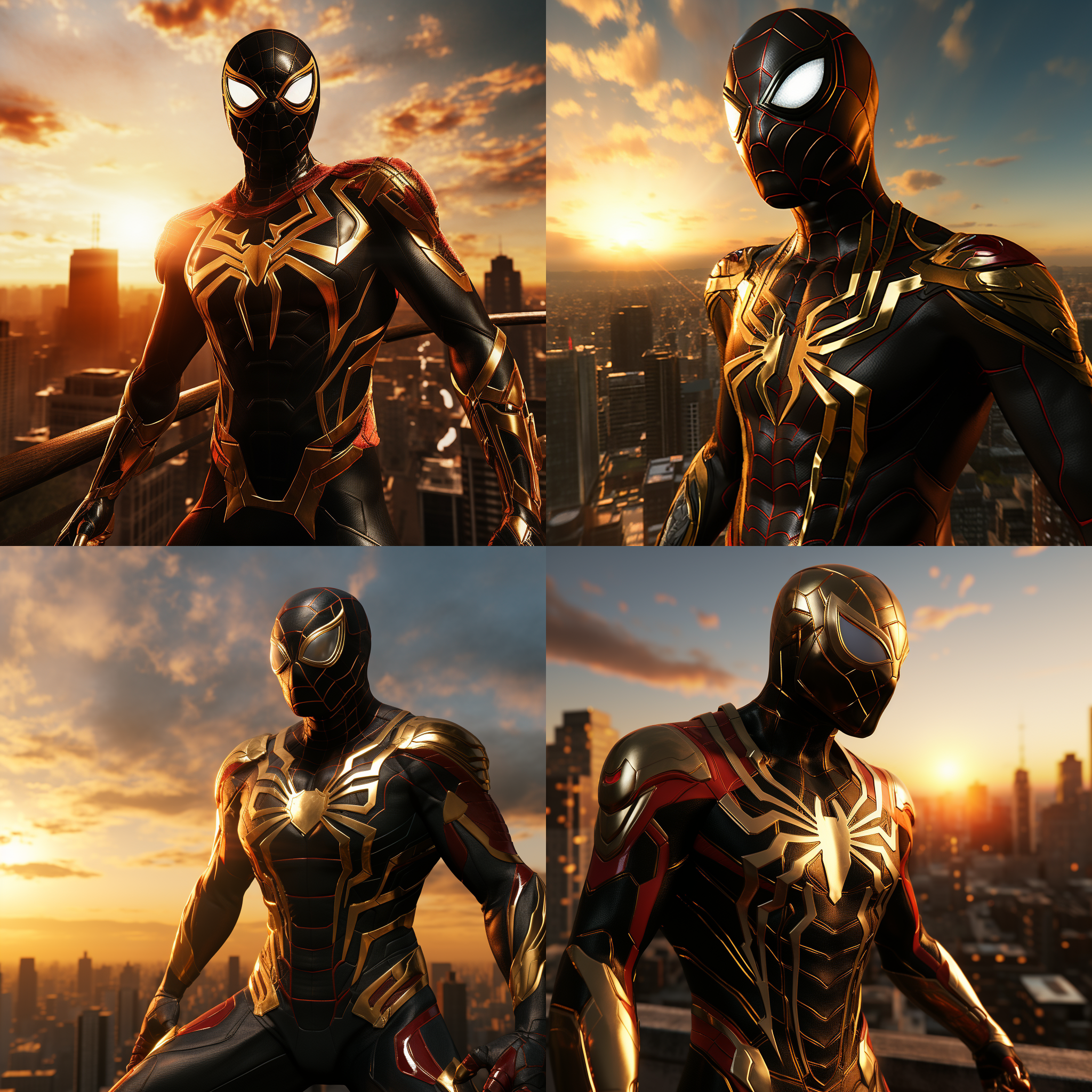 钢铁蜘蛛侠，站在高楼顶上，迎着太阳，准备开始新的战斗。背景是城市的天际线，光线明亮而温暖。蜘蛛侠身穿黑色金属质感的战衣，面具下透露出决绝的表情。风吹动他的披风，展现出力量和自由。高角度拍摄，传递出英雄的威严和勇气。蓝色调和红色的蜘蛛图案增添了战斗的紧张感和激情。蜘蛛侠面对着新的挑战，眼神中闪烁着决心和坚定。蜘蛛侠，高楼顶，太阳，金属质感，战衣，面具，披风，英雄，威严，勇气，蓝色调，红色，挑战，决心，坚定。