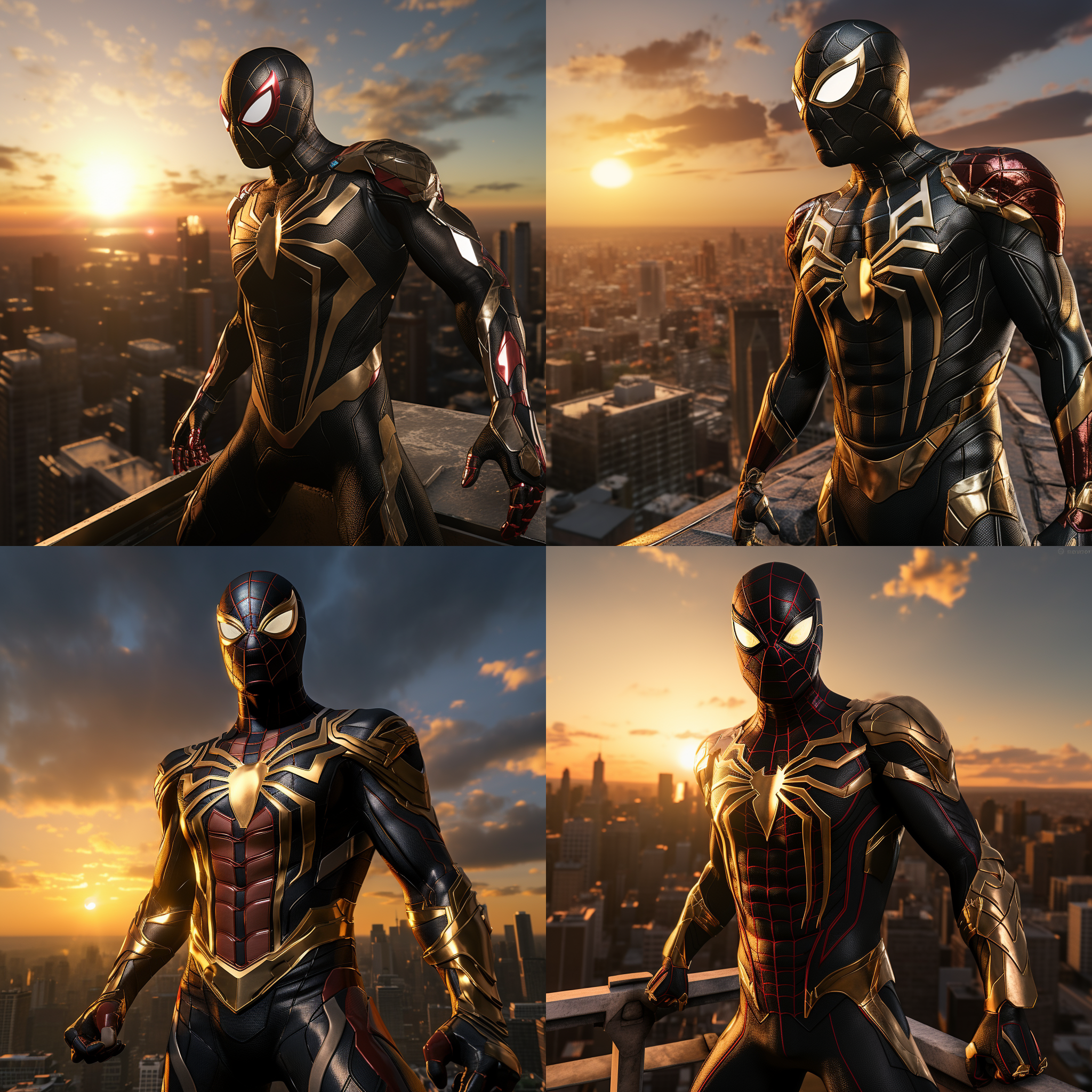 钢铁蜘蛛侠，站在高楼顶上，迎着太阳，准备开始新的战斗。背景是城市的天际线，光线明亮而温暖。蜘蛛侠身穿黑色金属质感的战衣，面具下透露出决绝的表情。风吹动他的披风，展现出力量和自由。高角度拍摄，传递出英雄的威严和勇气。蓝色调和红色的蜘蛛图案增添了战斗的紧张感和激情。蜘蛛侠面对着新的挑战，眼神中闪烁着决心和坚定。蜘蛛侠，高楼顶，太阳，金属质感，战衣，面具，披风，英雄，威严，勇气，蓝色调，红色，挑战，决心，坚定。