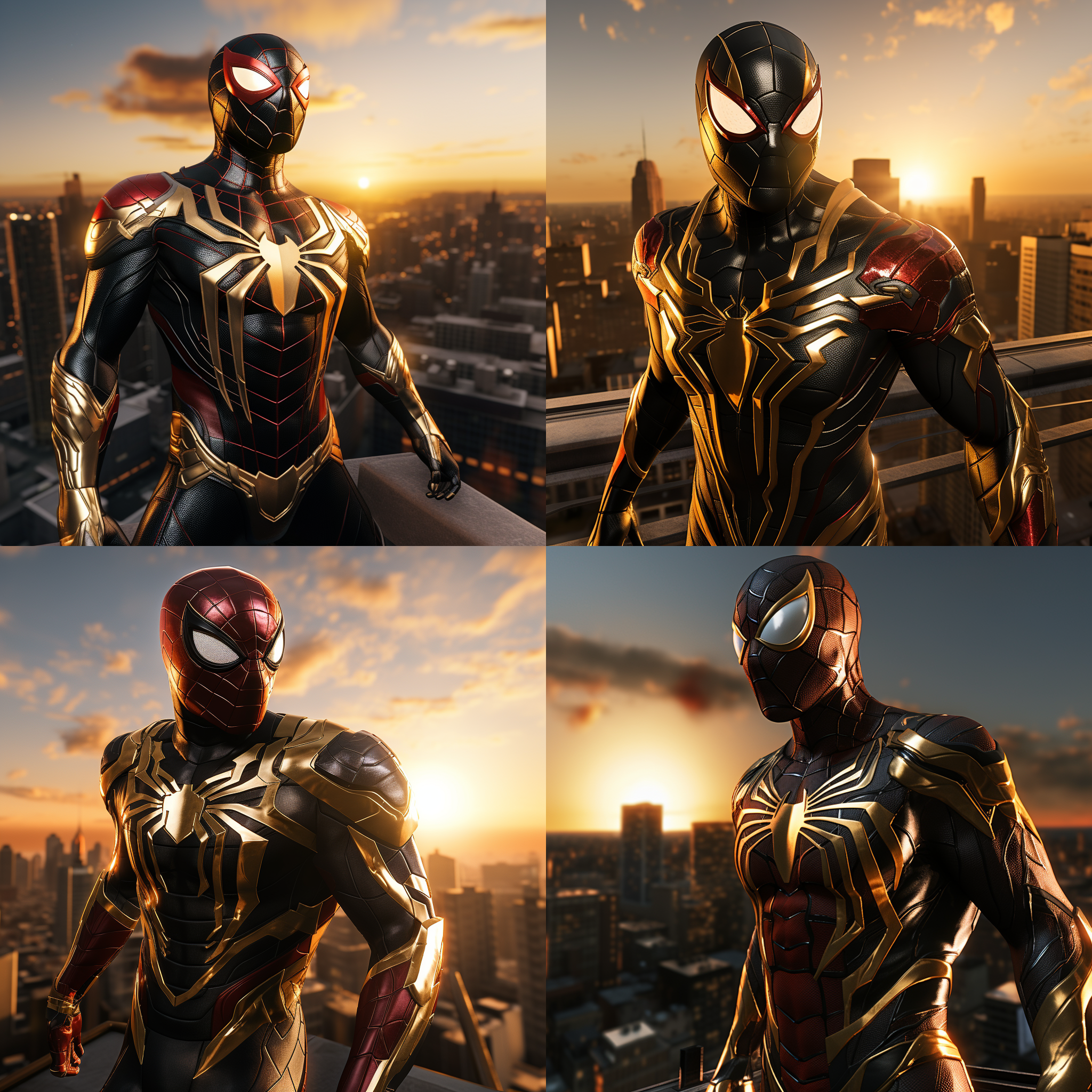 钢铁蜘蛛侠，站在高楼顶上，迎着太阳，准备开始新的战斗。背景是城市的天际线，光线明亮而温暖。蜘蛛侠身穿黑色金属质感的战衣，面具下透露出决绝的表情。风吹动他的披风，展现出力量和自由。高角度拍摄，传递出英雄的威严和勇气。蓝色调和红色的蜘蛛图案增添了战斗的紧张感和激情。蜘蛛侠面对着新的挑战，眼神中闪烁着决心和坚定。蜘蛛侠，高楼顶，太阳，金属质感，战衣，面具，披风，英雄，威严，勇气，蓝色调，红色，挑战，决心，坚定。