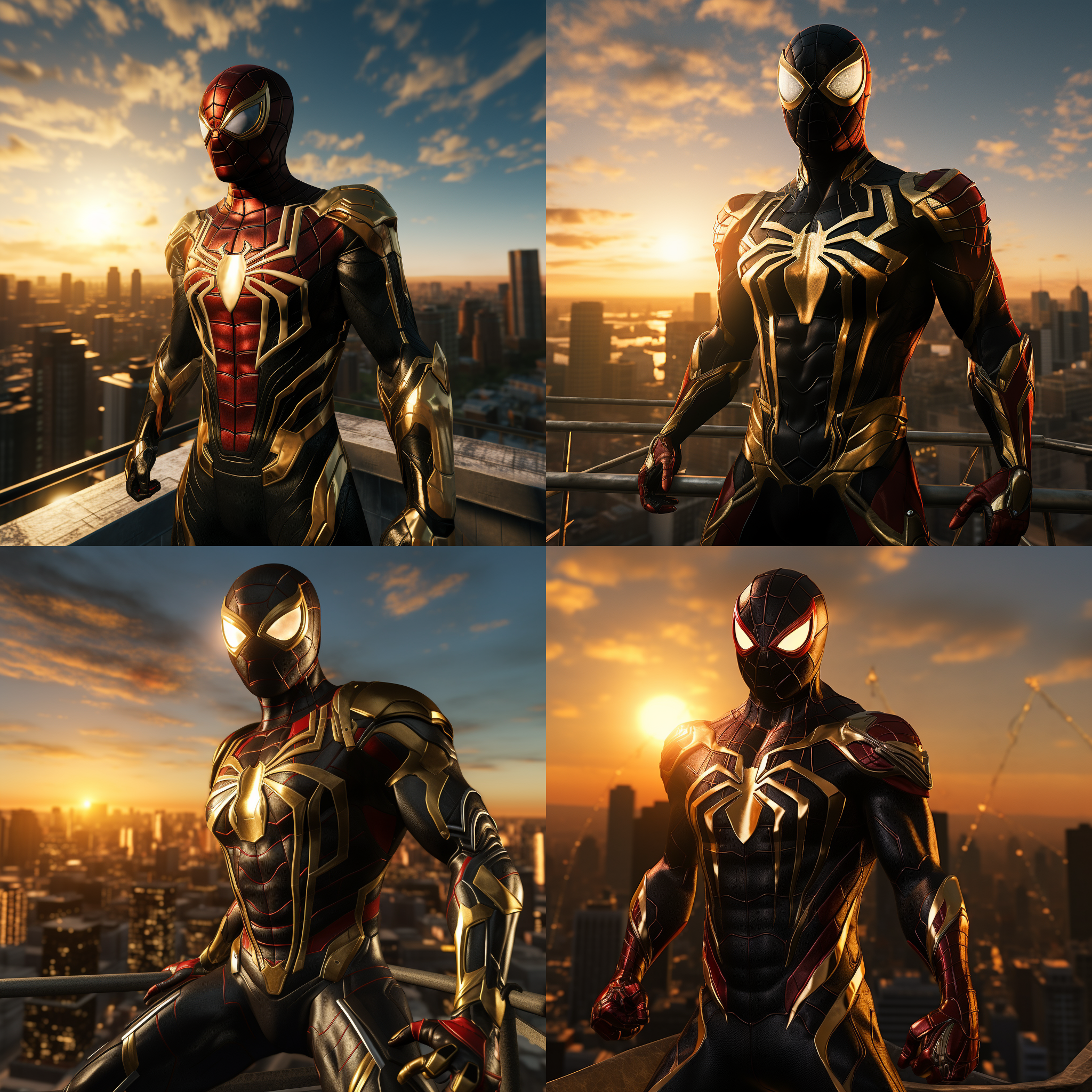 钢铁蜘蛛侠，站在高楼顶上，迎着太阳，准备开始新的战斗。背景是城市的天际线，光线明亮而温暖。蜘蛛侠身穿黑色金属质感的战衣，面具下透露出决绝的表情。风吹动他的披风，展现出力量和自由。高角度拍摄，传递出英雄的威严和勇气。蓝色调和红色的蜘蛛图案增添了战斗的紧张感和激情。蜘蛛侠面对着新的挑战，眼神中闪烁着决心和坚定。蜘蛛侠，高楼顶，太阳，金属质感，战衣，面具，披风，英雄，威严，勇气，蓝色调，红色，挑战，决心，坚定。