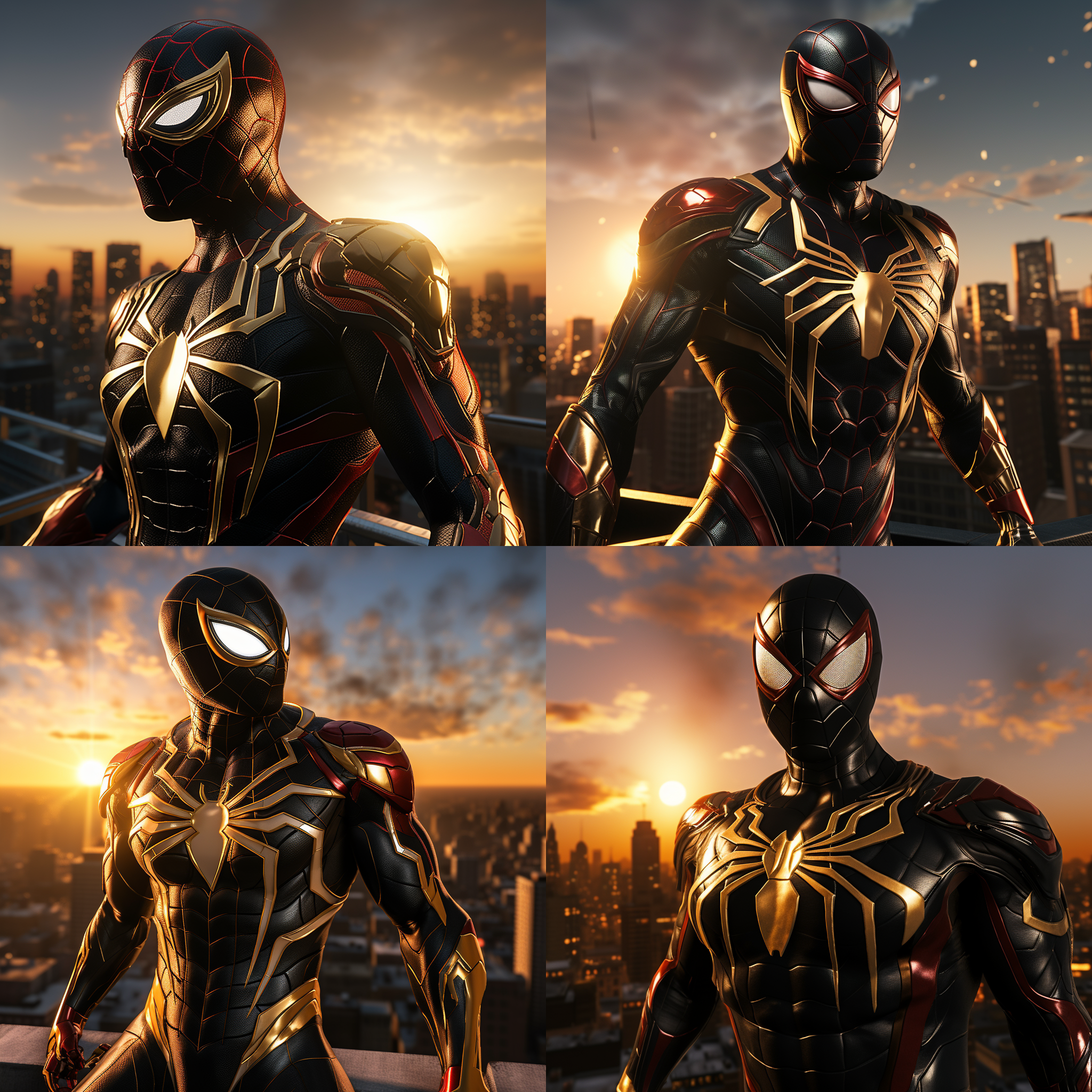 钢铁蜘蛛侠，站在高楼顶上，迎着太阳，准备开始新的战斗。背景是城市的天际线，光线明亮而温暖。蜘蛛侠身穿黑色金属质感的战衣，面具下透露出决绝的表情。风吹动他的披风，展现出力量和自由。高角度拍摄，传递出英雄的威严和勇气。蓝色调和红色的蜘蛛图案增添了战斗的紧张感和激情。蜘蛛侠面对着新的挑战，眼神中闪烁着决心和坚定。蜘蛛侠，高楼顶，太阳，金属质感，战衣，面具，披风，英雄，威严，勇气，蓝色调，红色，挑战，决心，坚定。