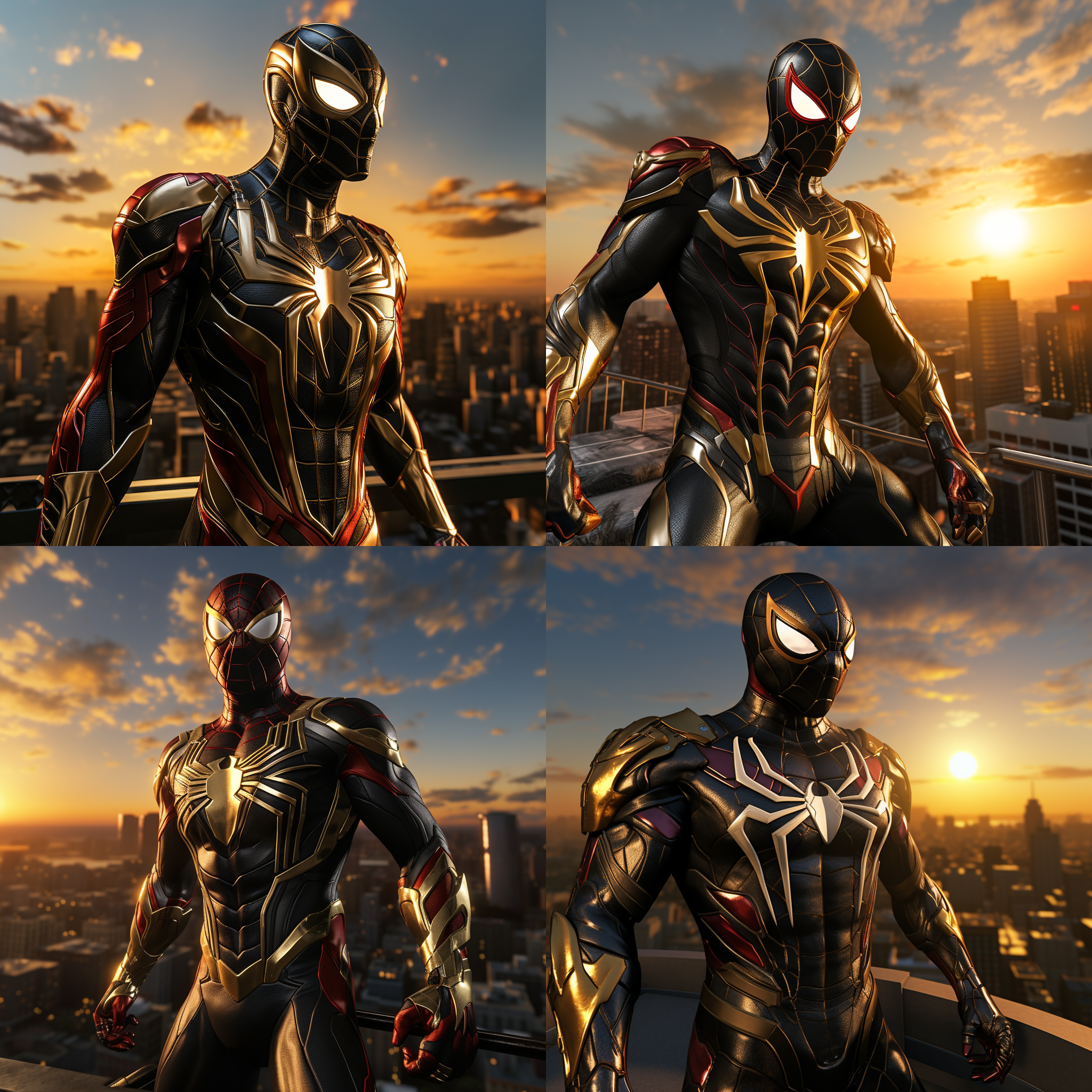 钢铁蜘蛛侠，站在高楼顶上，迎着太阳，准备开始新的战斗。背景是城市的天际线，光线明亮而温暖。蜘蛛侠身穿黑色金属质感的战衣，面具下透露出决绝的表情。风吹动他的披风，展现出力量和自由。高角度拍摄，传递出英雄的威严和勇气。蓝色调和红色的蜘蛛图案增添了战斗的紧张感和激情。蜘蛛侠面对着新的挑战，眼神中闪烁着决心和坚定。蜘蛛侠，高楼顶，太阳，金属质感，战衣，面具，披风，英雄，威严，勇气，蓝色调，红色，挑战，决心，坚定。